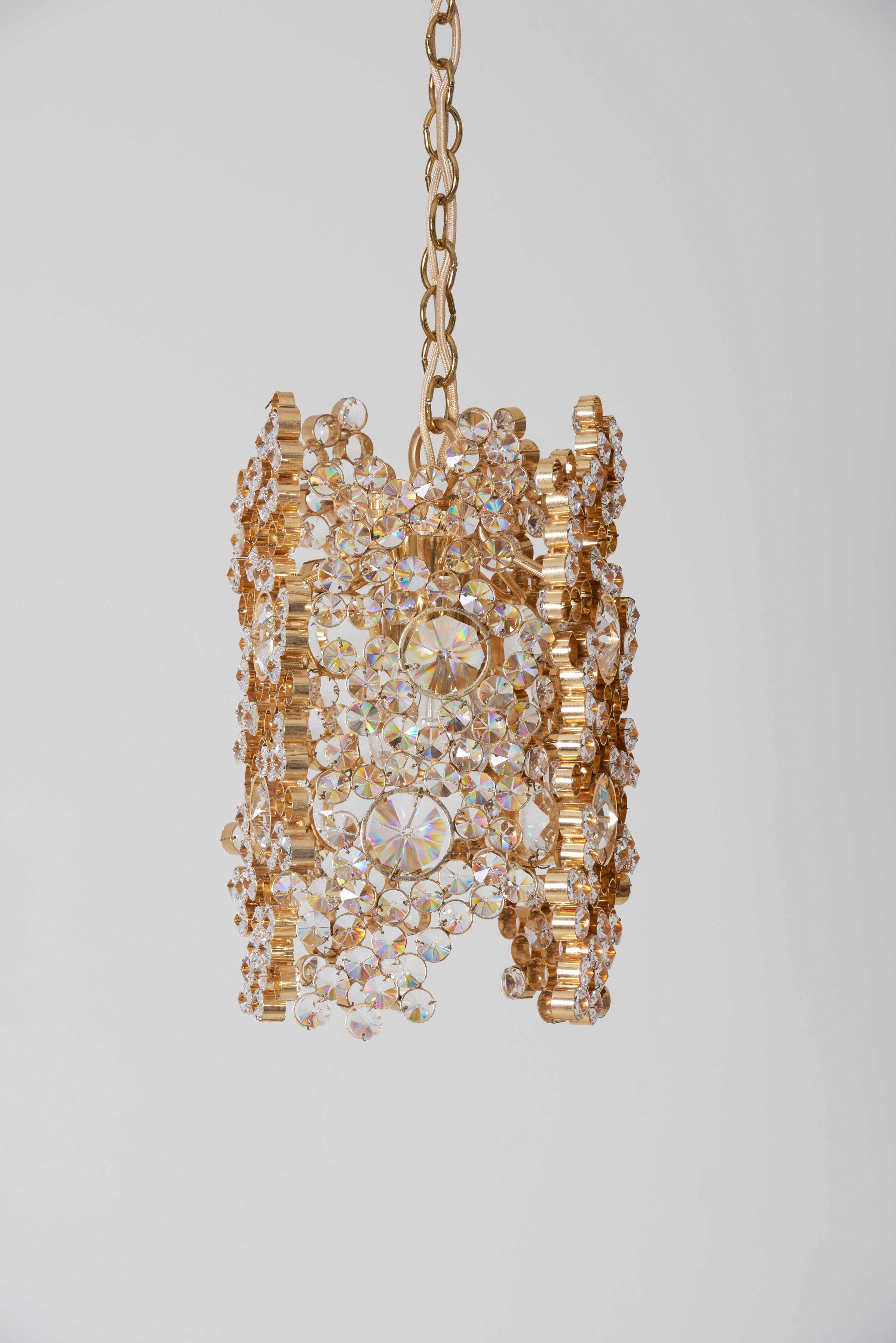 Modern Palwa Gilded Brass and Crystal Glass Encrusted Pendant Lamp For Sale