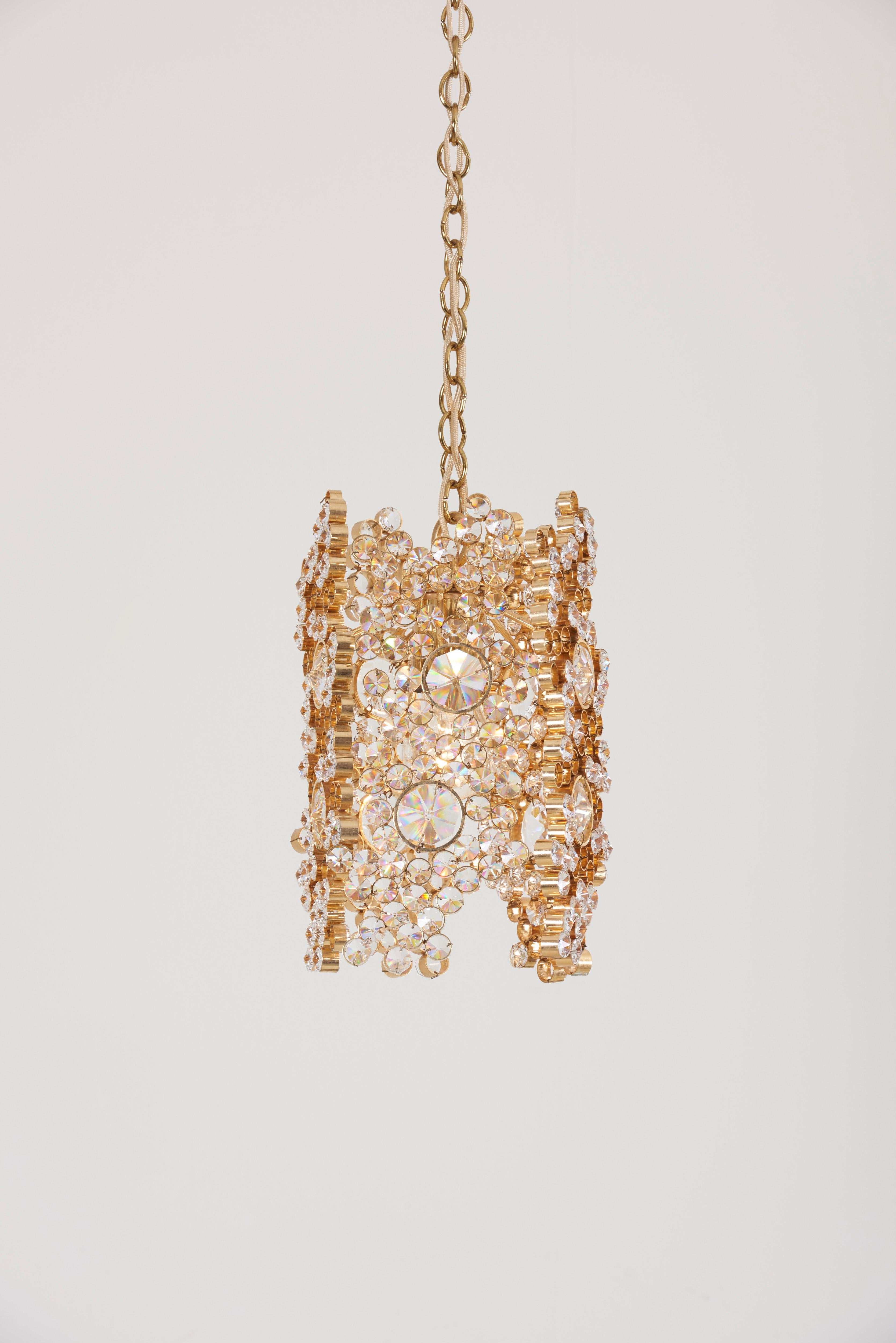 German Palwa Gilded Brass and Crystal Glass Encrusted Pendant Lamp For Sale