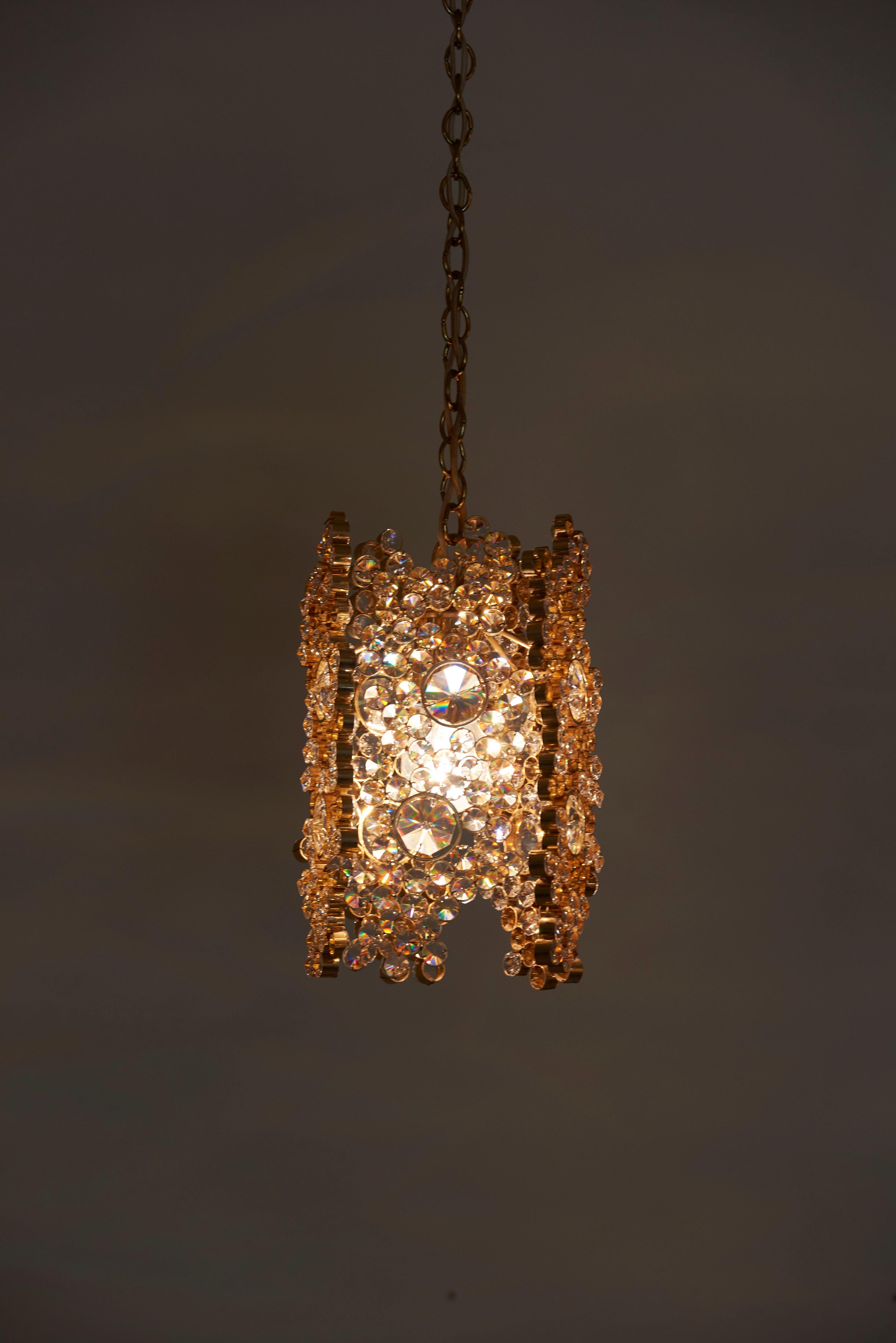 Palwa Gilded Brass and Crystal Glass Encrusted Pendant Lamp For Sale 1