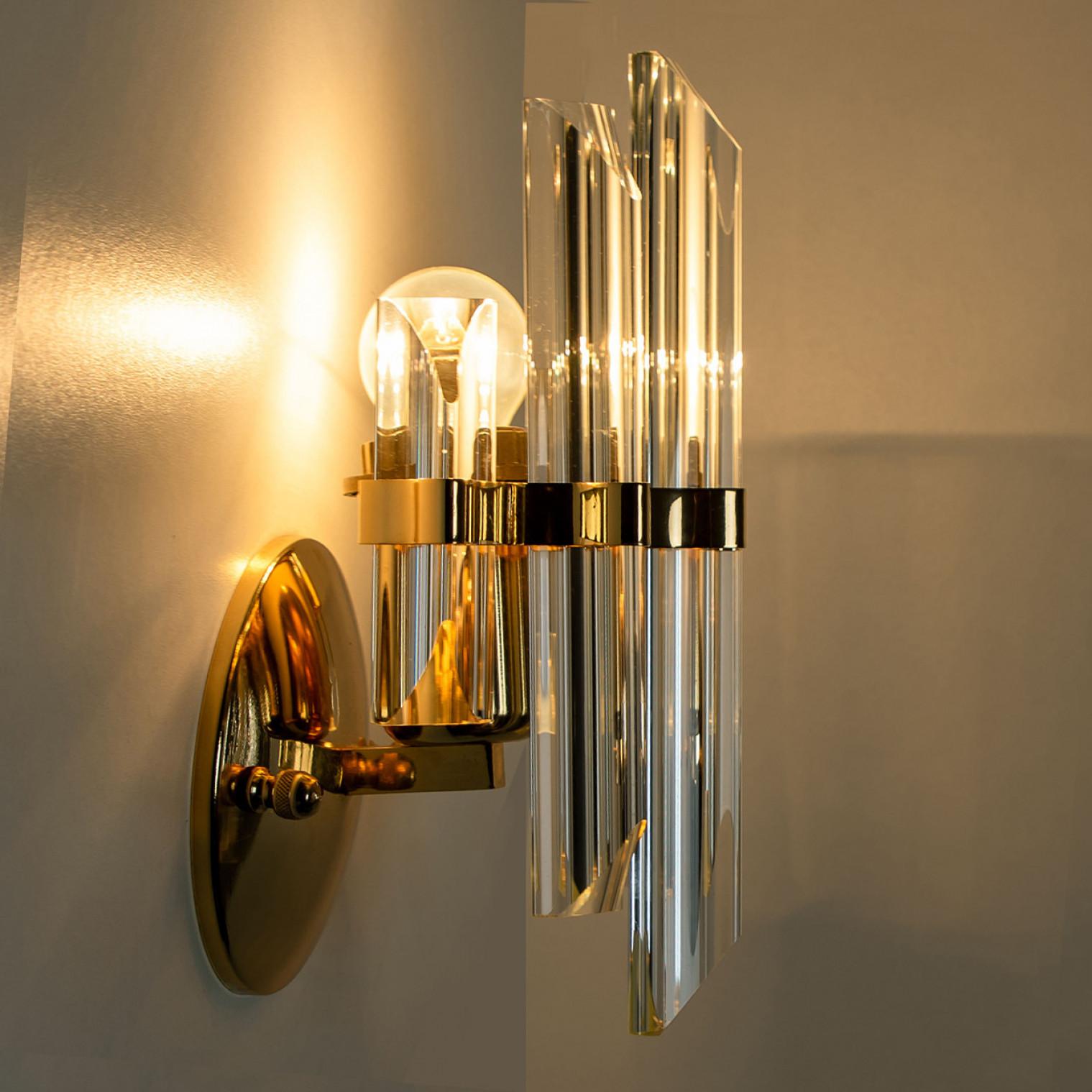 Late 20th Century One of Three Venini Style Murano Glass and Brass Sconces, Italy For Sale