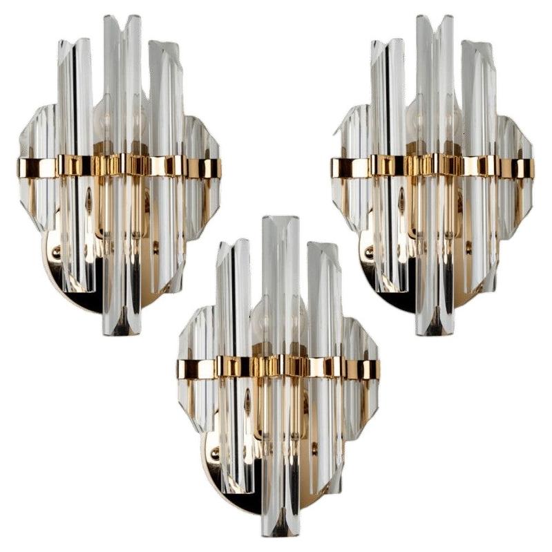 One of Three Venini Style Murano Glass and Brass Sconces, Italy