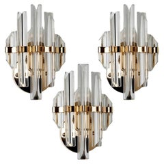 One of Three Venini Style Murano Glass and Brass Sconces, Italy