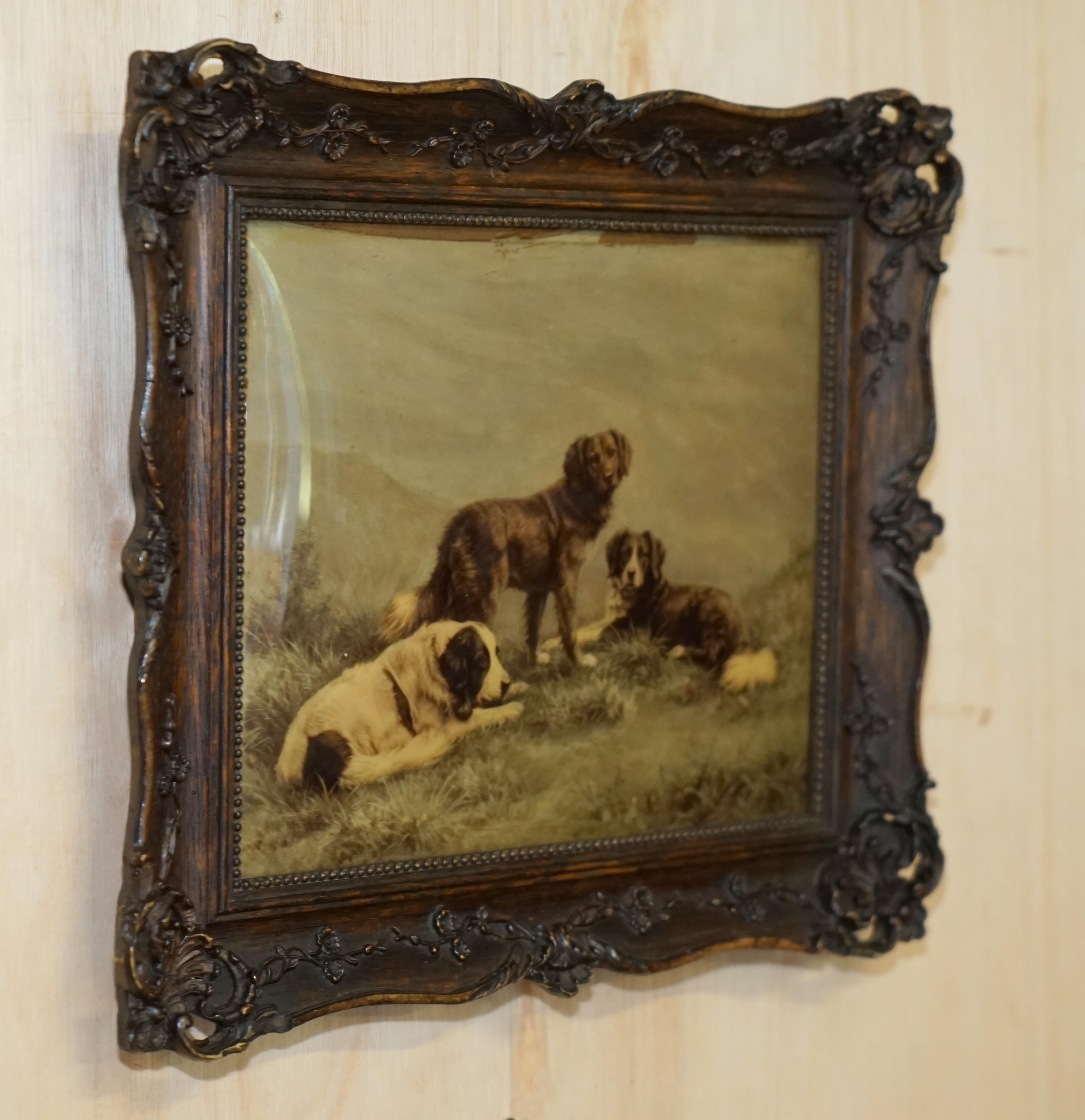 ONE OF TWO ANTIQUE CRYSTOLEUM HAND CARVED HARDWOOD FRAMED PiCTURES OF DOGSv 7