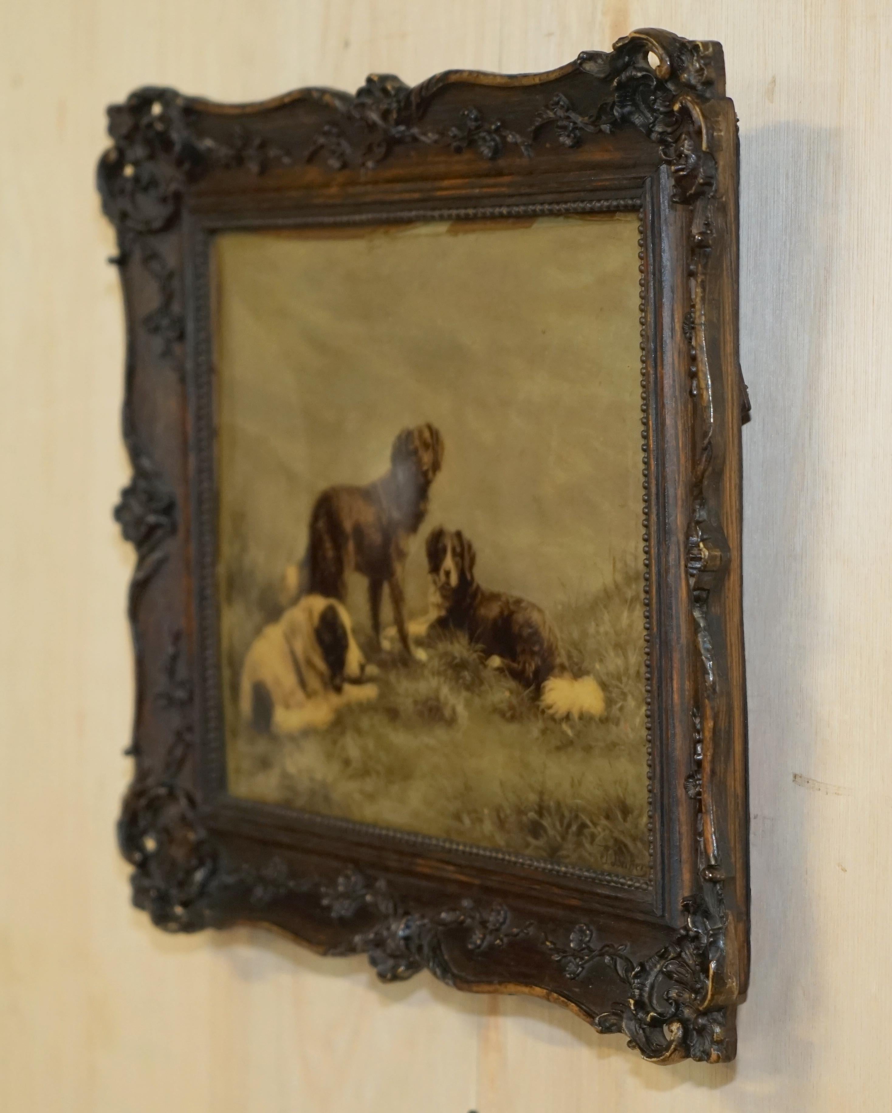 ONE OF TWO ANTIQUE CRYSTOLEUM HAND CARVED HARDWOOD FRAMED PiCTURES OF DOGSv 8