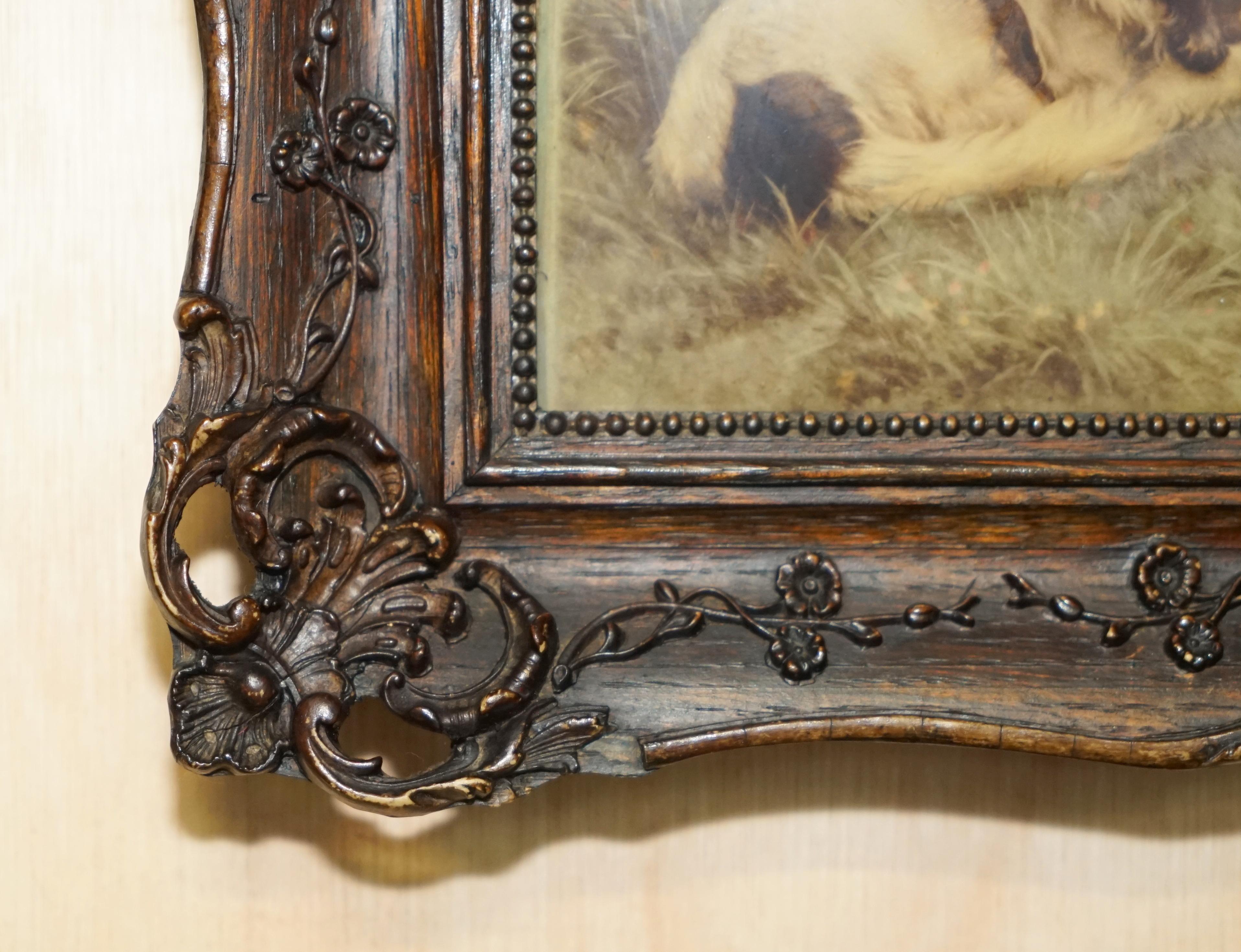 Hardwood ONE OF TWO ANTIQUE CRYSTOLEUM HAND CARVED HARDWOOD FRAMED PiCTURES OF DOGSv