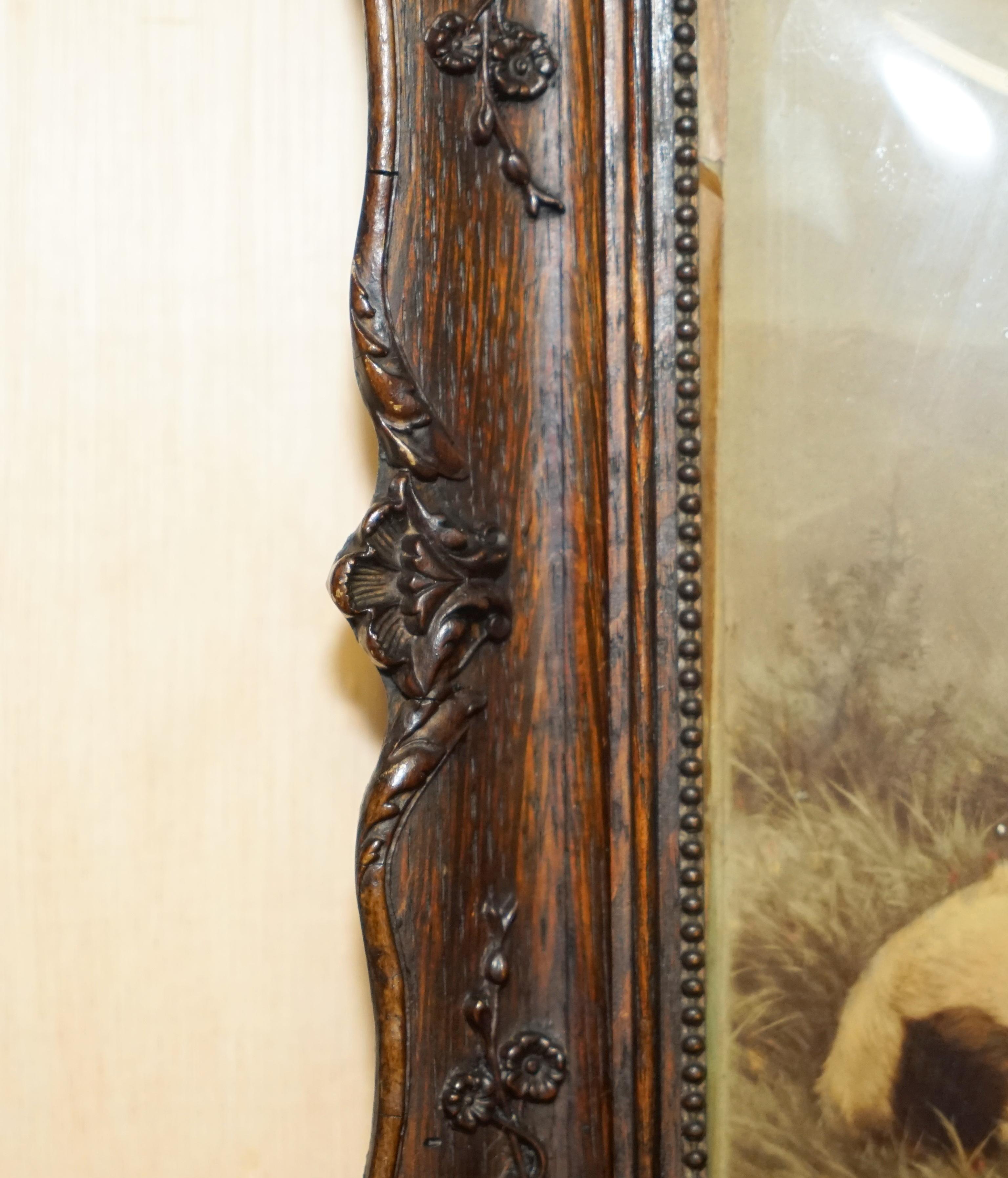 ONE OF TWO ANTIQUE CRYSTOLEUM HAND CARVED HARDWOOD FRAMED PiCTURES OF DOGSv 1