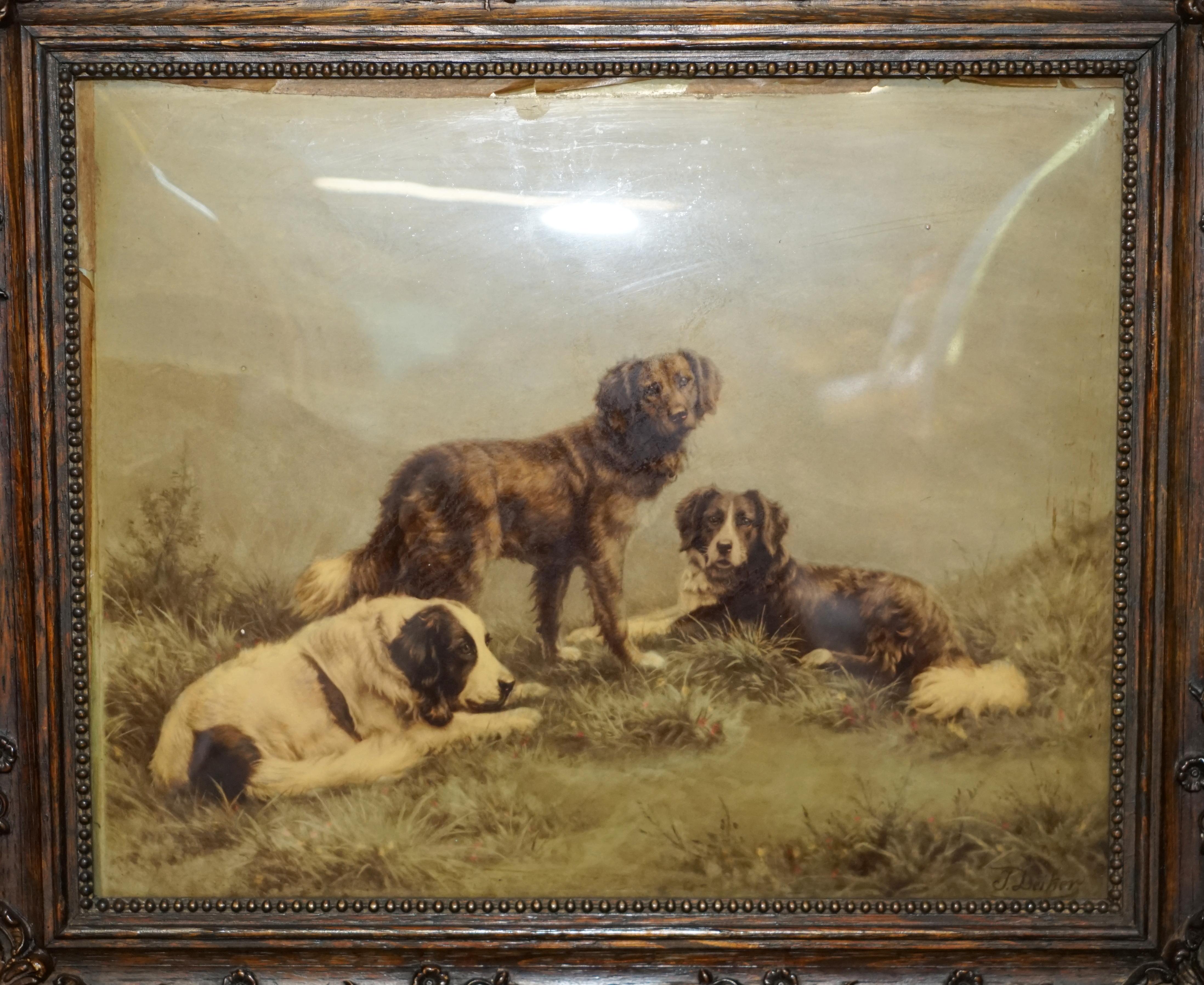ONE OF TWO ANTIQUE CRYSTOLEUM HAND CARVED HARDWOOD FRAMED PiCTURES OF DOGSv 2