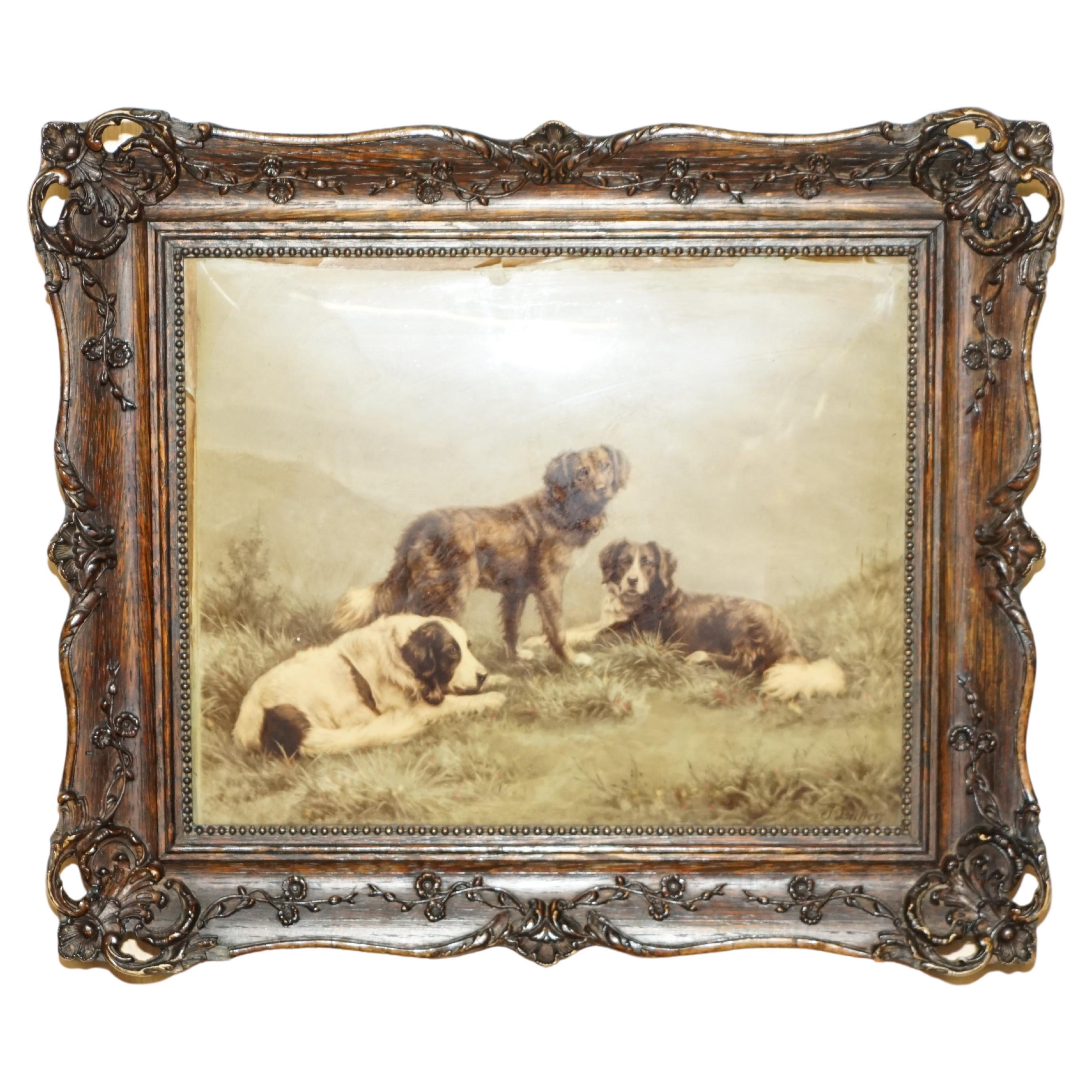 ONE OF TWO ANTIQUE CRYSTOLEUM HAND CARVED HARDWOOD FRAMED PiCTURES OF DOGSv