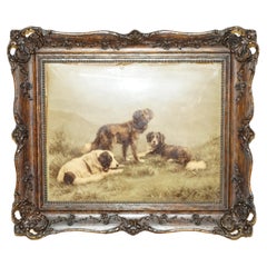 ONE OF TWO Antique CRYSTOLEUM HAND CARVED HARDWOOD FRAMED PiCTURES OF DOGSv