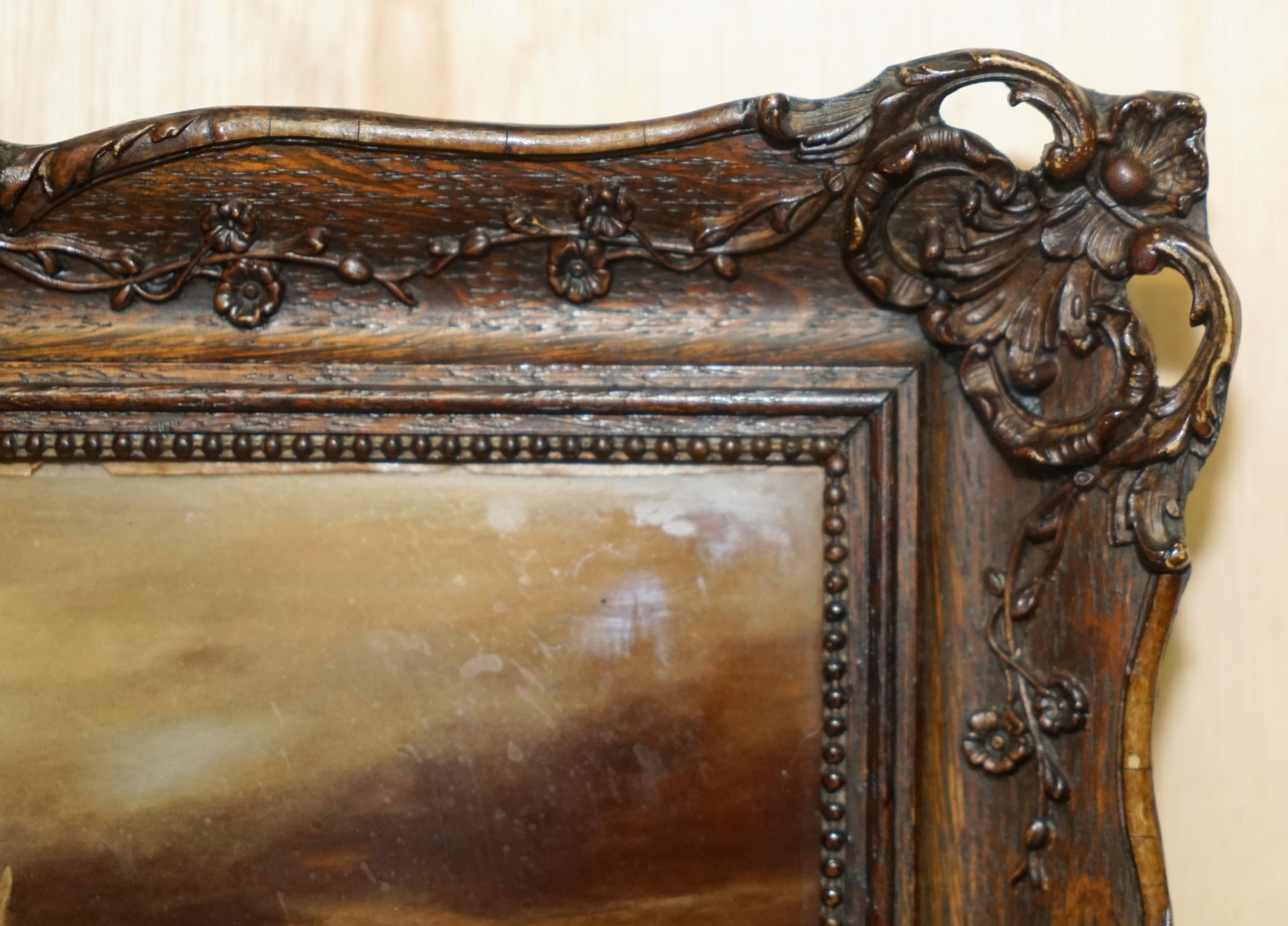 Art Nouveau ONE OF TWO ANTiQUE CRYSTOLEUM HAND CARVED HARDWOOD FRAMED PICTURES OF HORSES For Sale