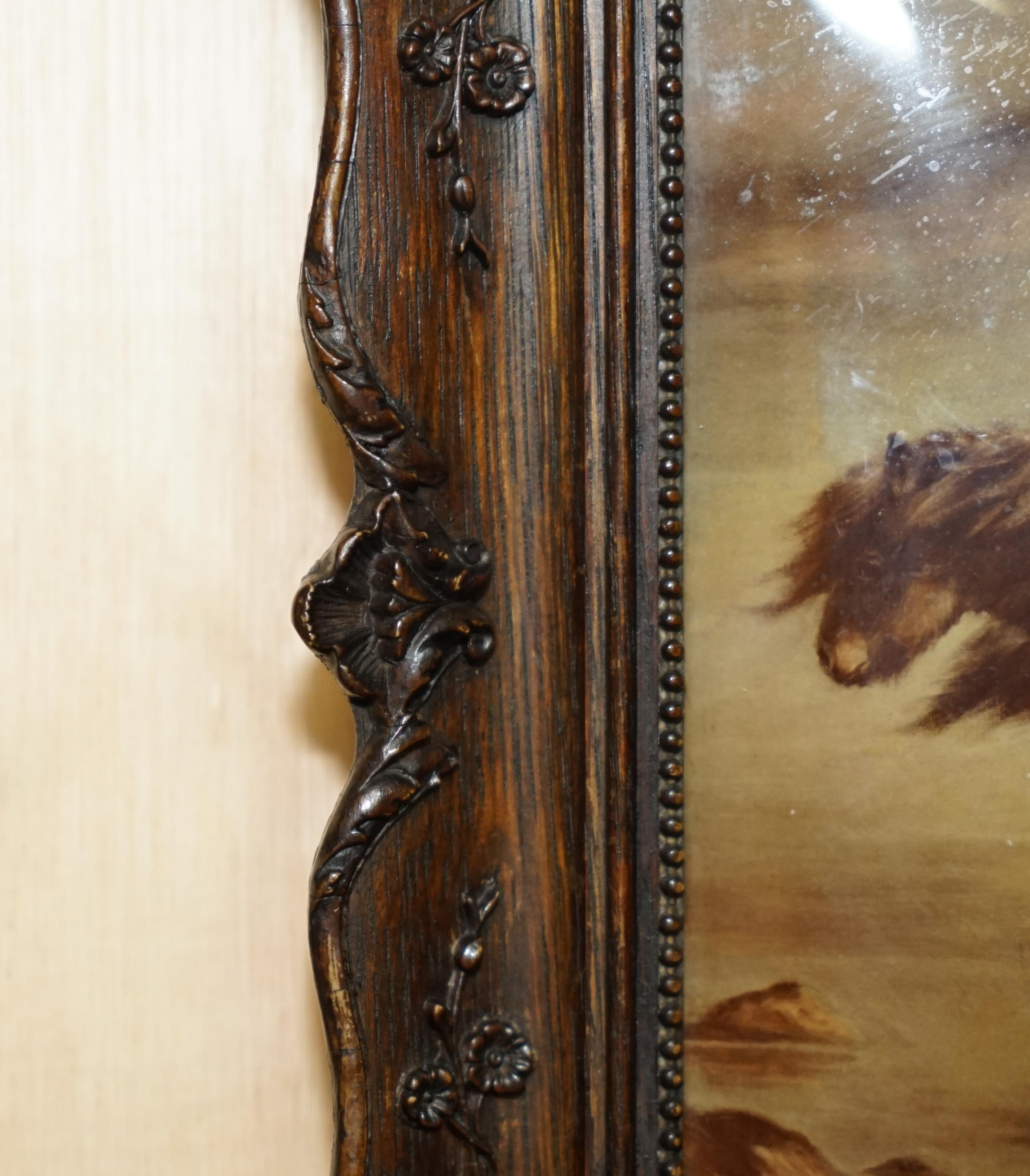 ONE OF TWO ANTiQUE CRYSTOLEUM HAND CARVED HARDWOOD FRAMED PICTURES OF HORSES For Sale 1