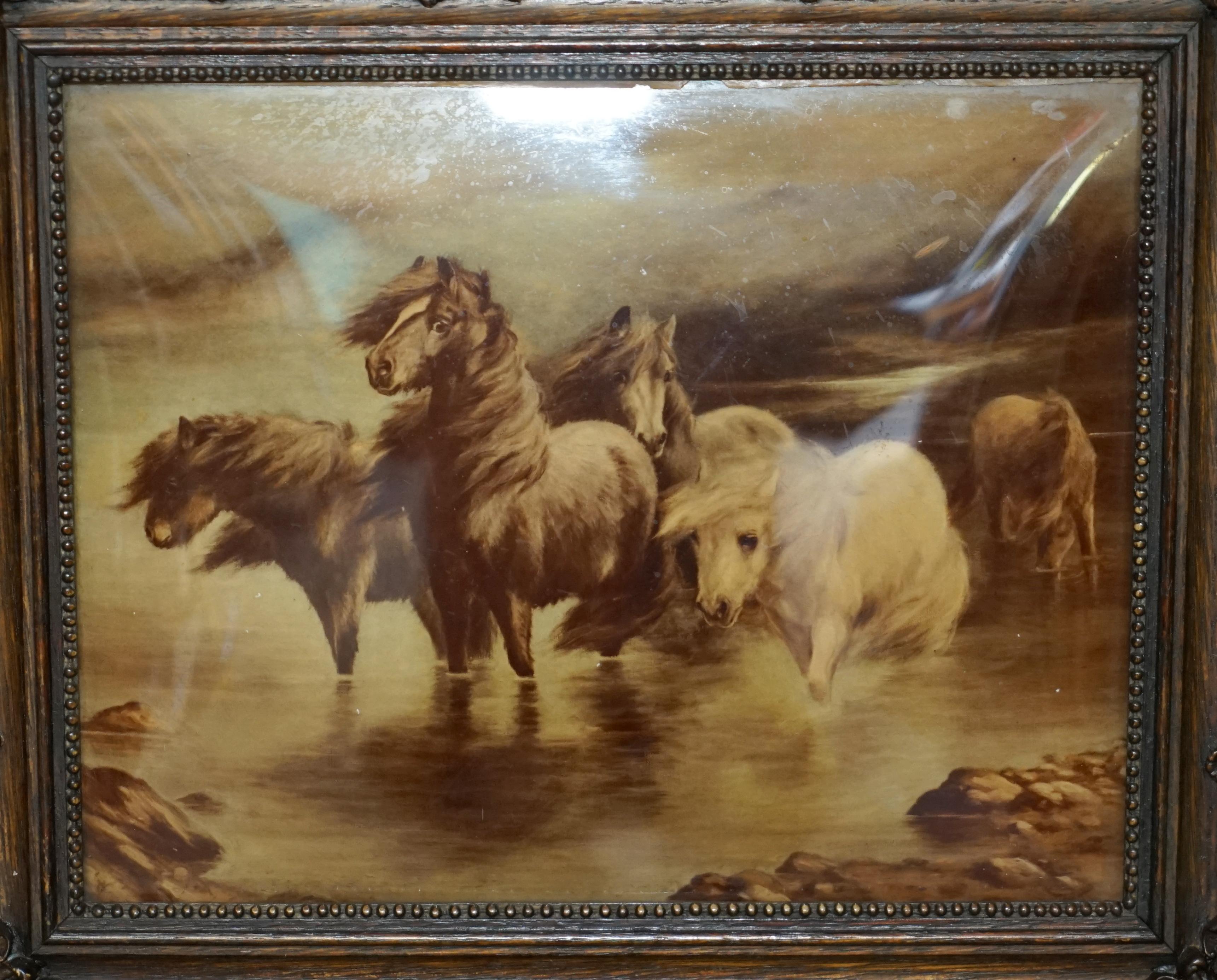 ONE OF TWO ANTiQUE CRYSTOLEUM HAND CARVED HARDWOOD FRAMED PICTURES OF HORSES For Sale 2