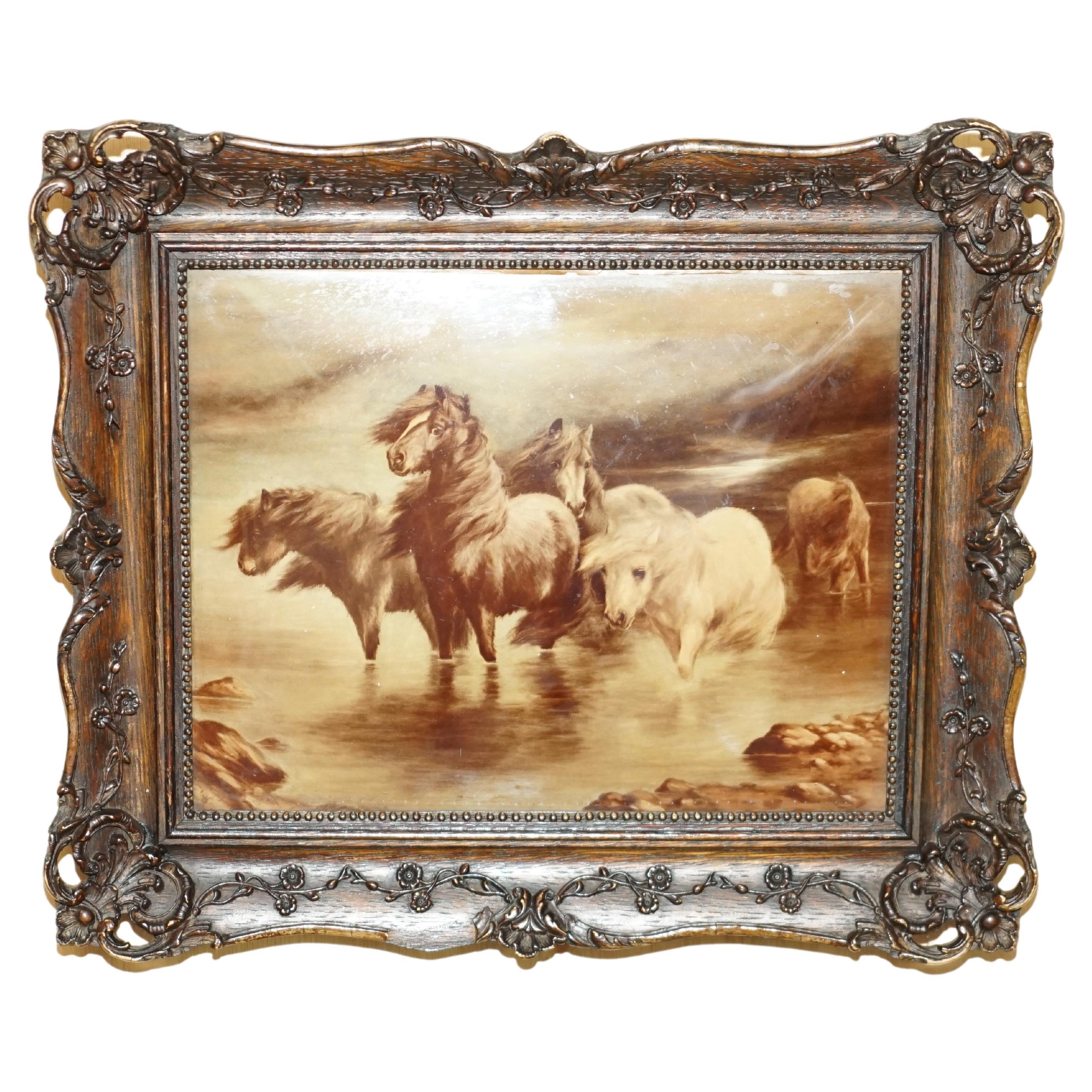 ONE OF TWO ANTiQUE CRYSTOLEUM HAND CARVED HARDWOOD FRAMED PICTURES OF HORSES For Sale