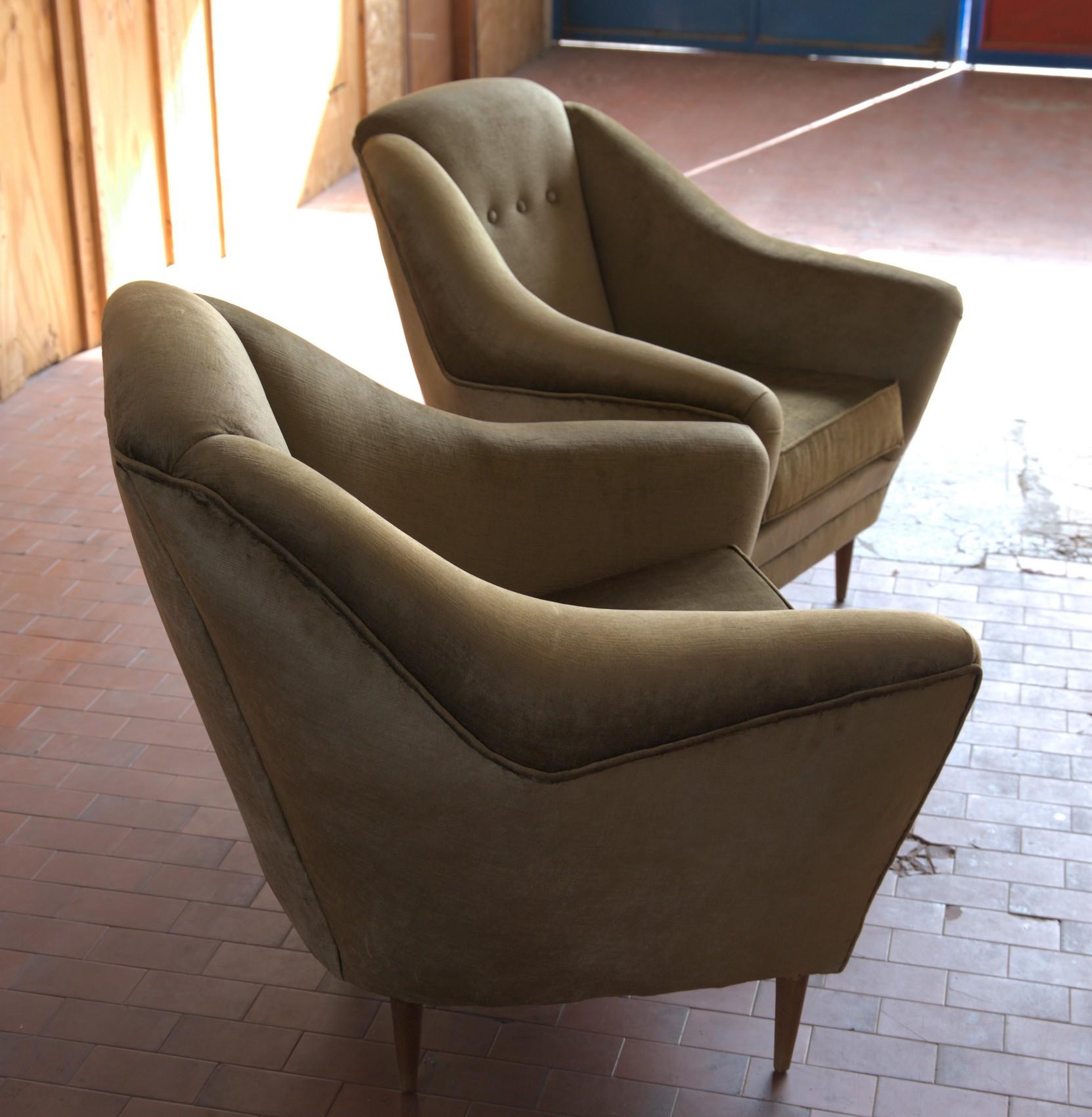 One of Two Armchairs, Midcentury, Reupholstered Fully Padded, Cotton Velvet 5