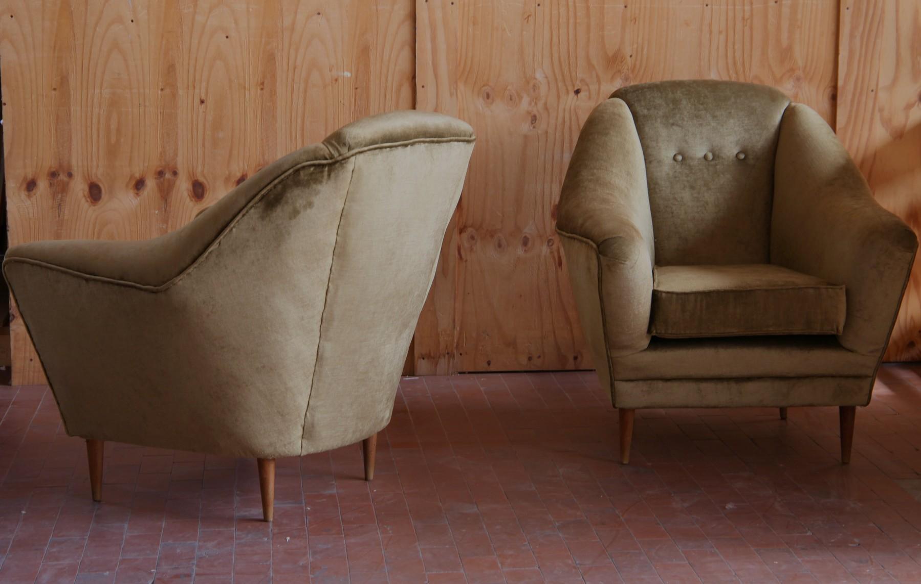 One of Two Armchairs, Midcentury, Reupholstered Fully Padded, Cotton Velvet 6