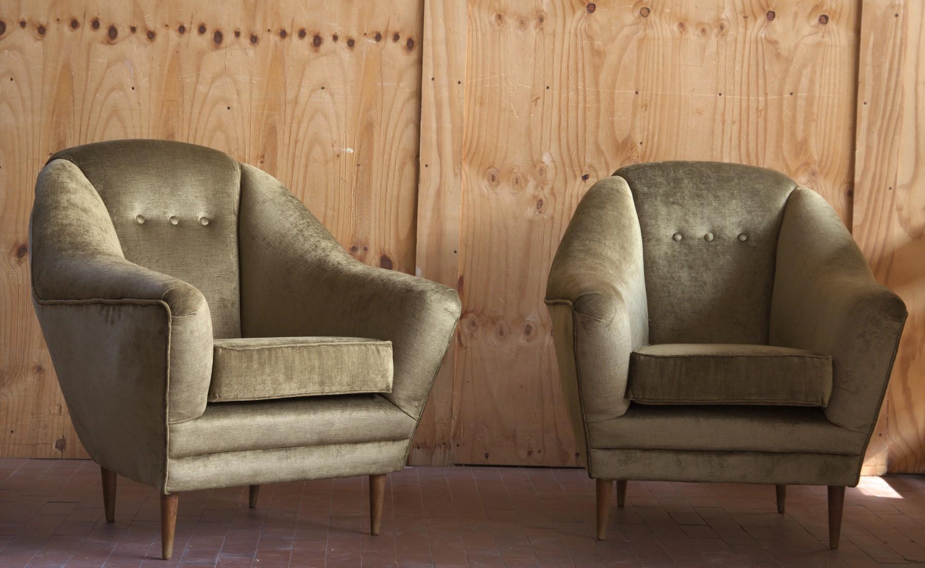 One of Two Armchairs, Midcentury, Reupholstered Fully Padded, Cotton Velvet 8