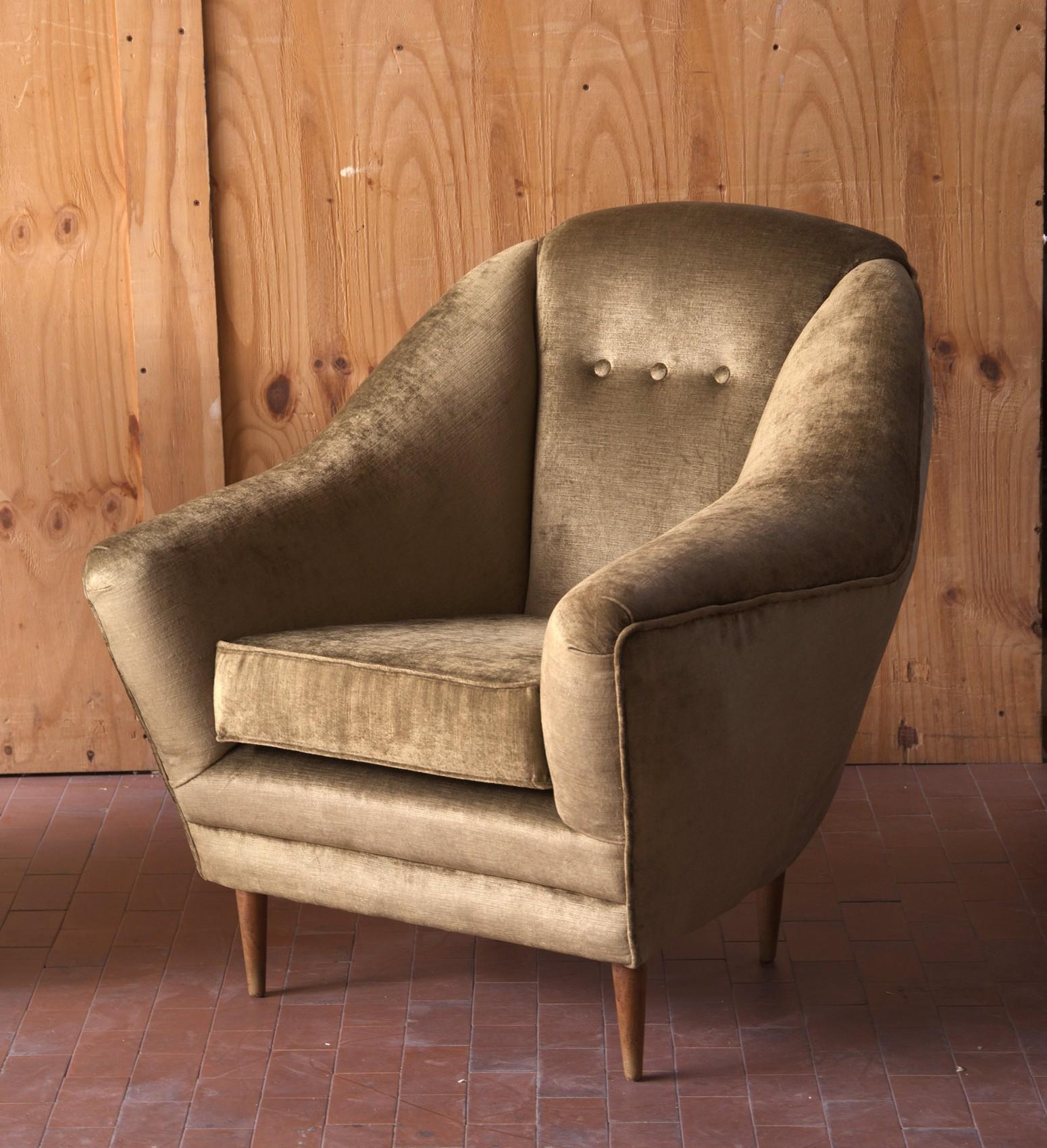 One of Two Armchairs, Midcentury, Reupholstered Fully Padded, Cotton Velvet 9