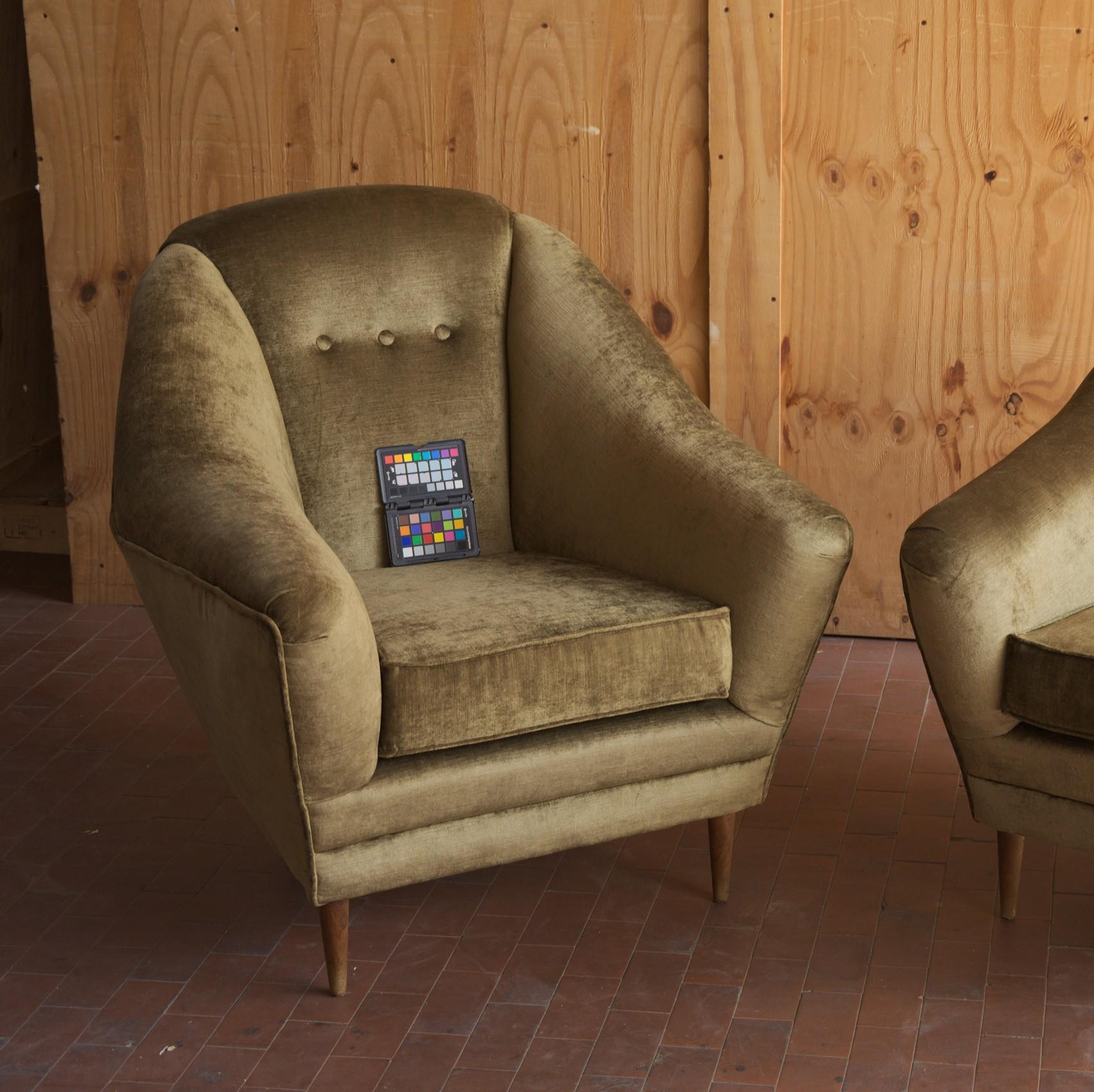 One of Two Armchairs, Midcentury, Reupholstered Fully Padded, Cotton Velvet 11