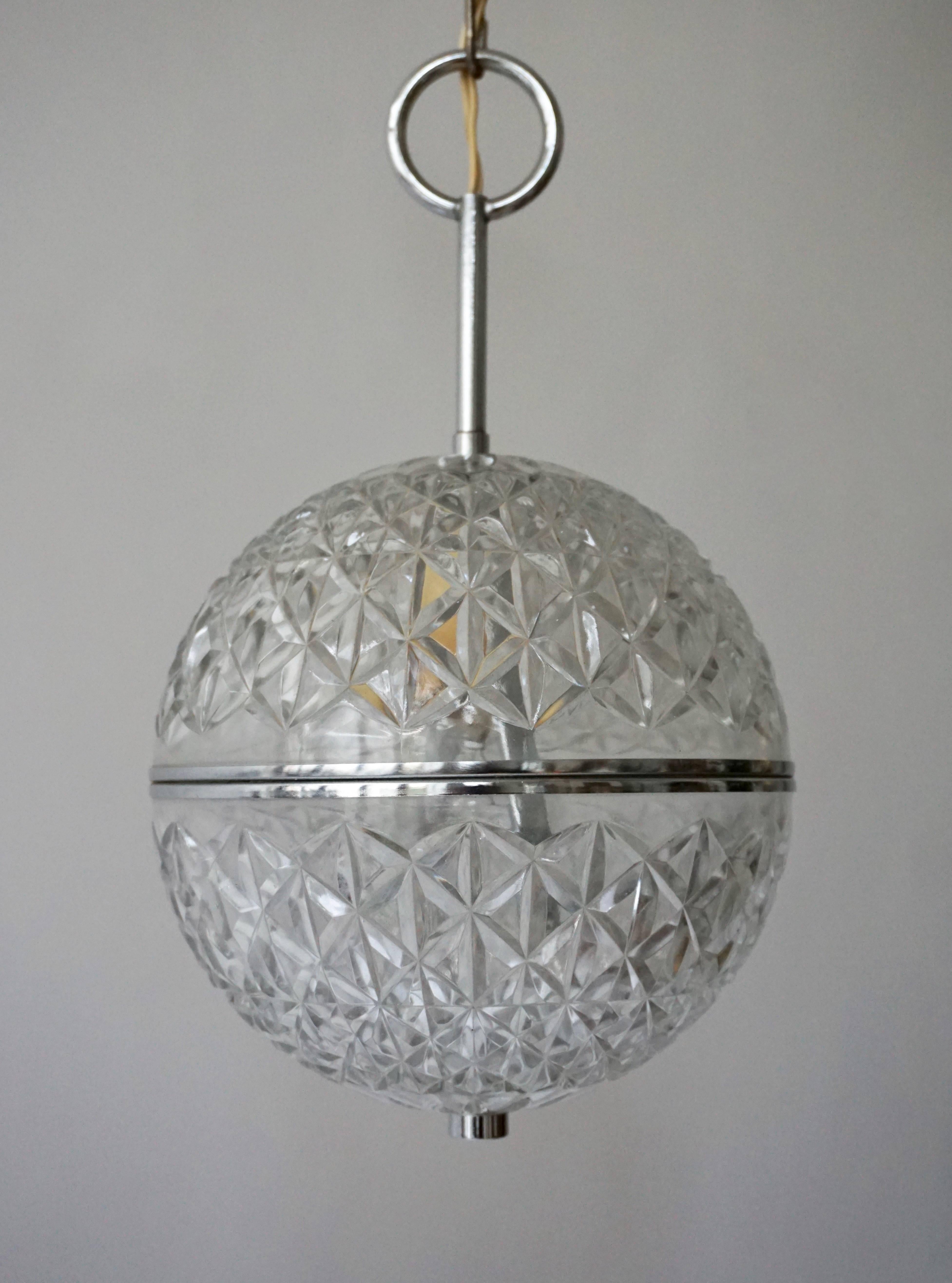 Mid-Century Modern One of Two Crystal Glass and Brass Globe Pendant Lights For Sale