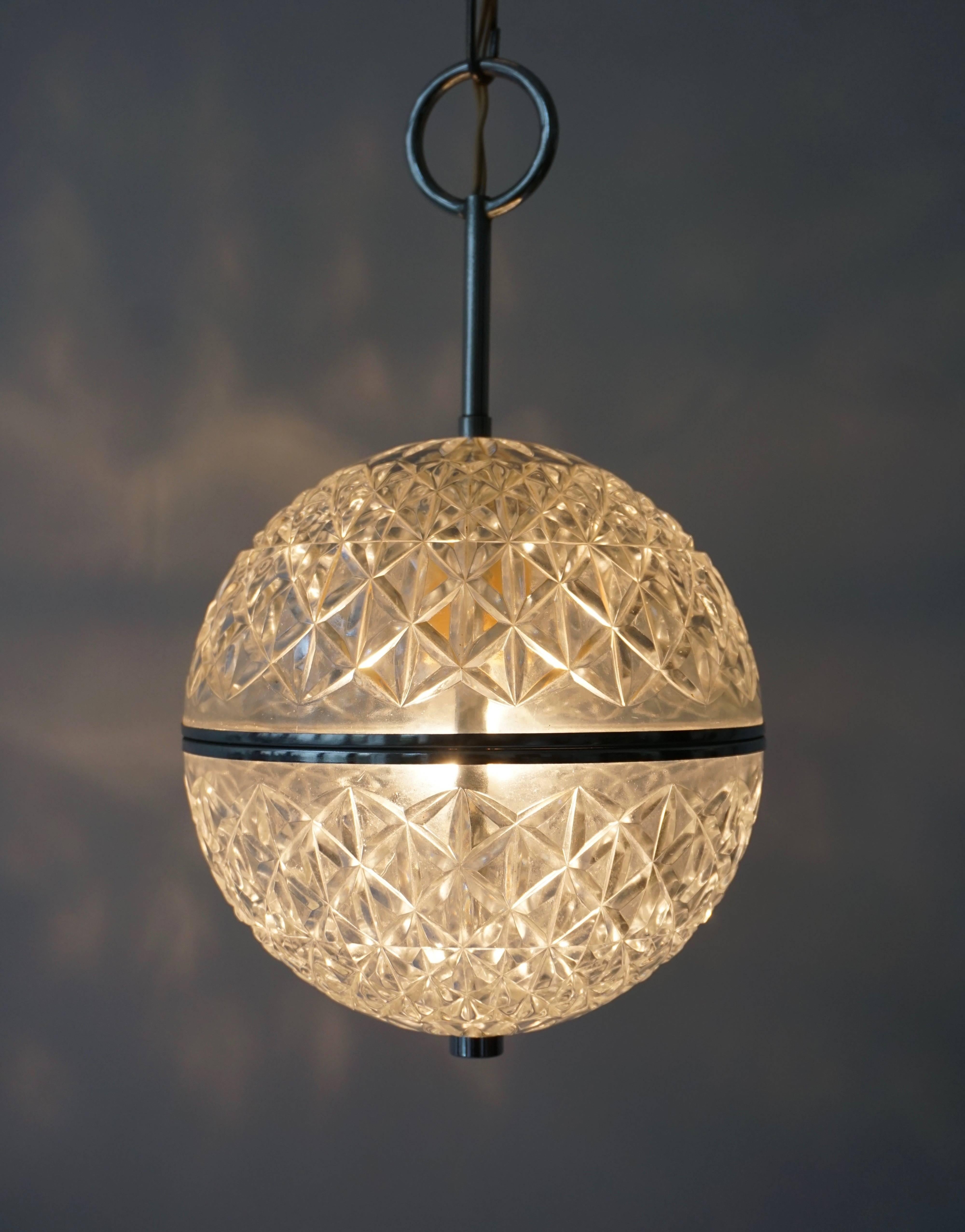 Italian One of Two Crystal Glass and Brass Globe Pendant Lights For Sale