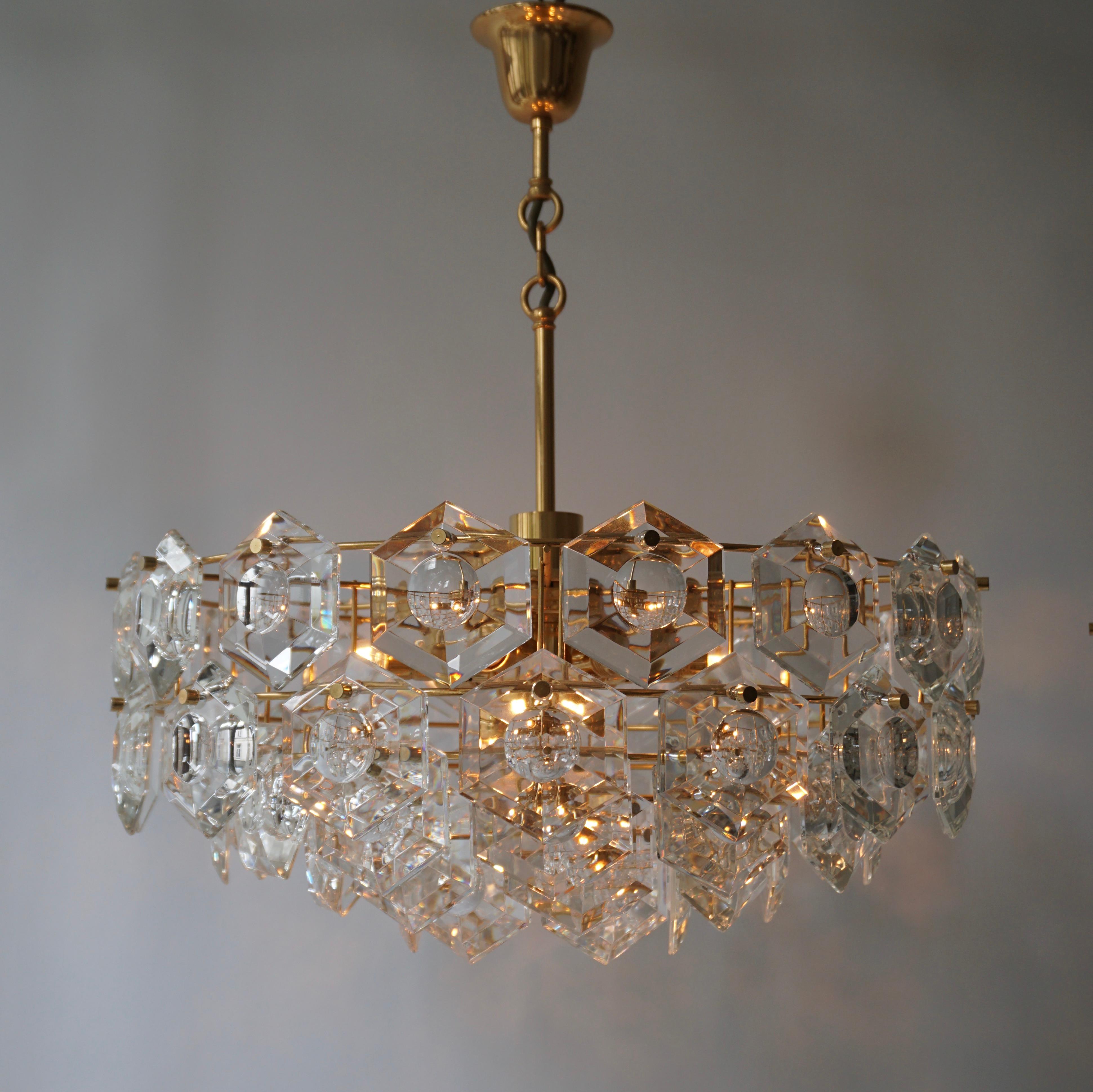 Brass One of Two Gold-Plated Kinkeldey Crystal Chandelier, Germany, 1960s For Sale