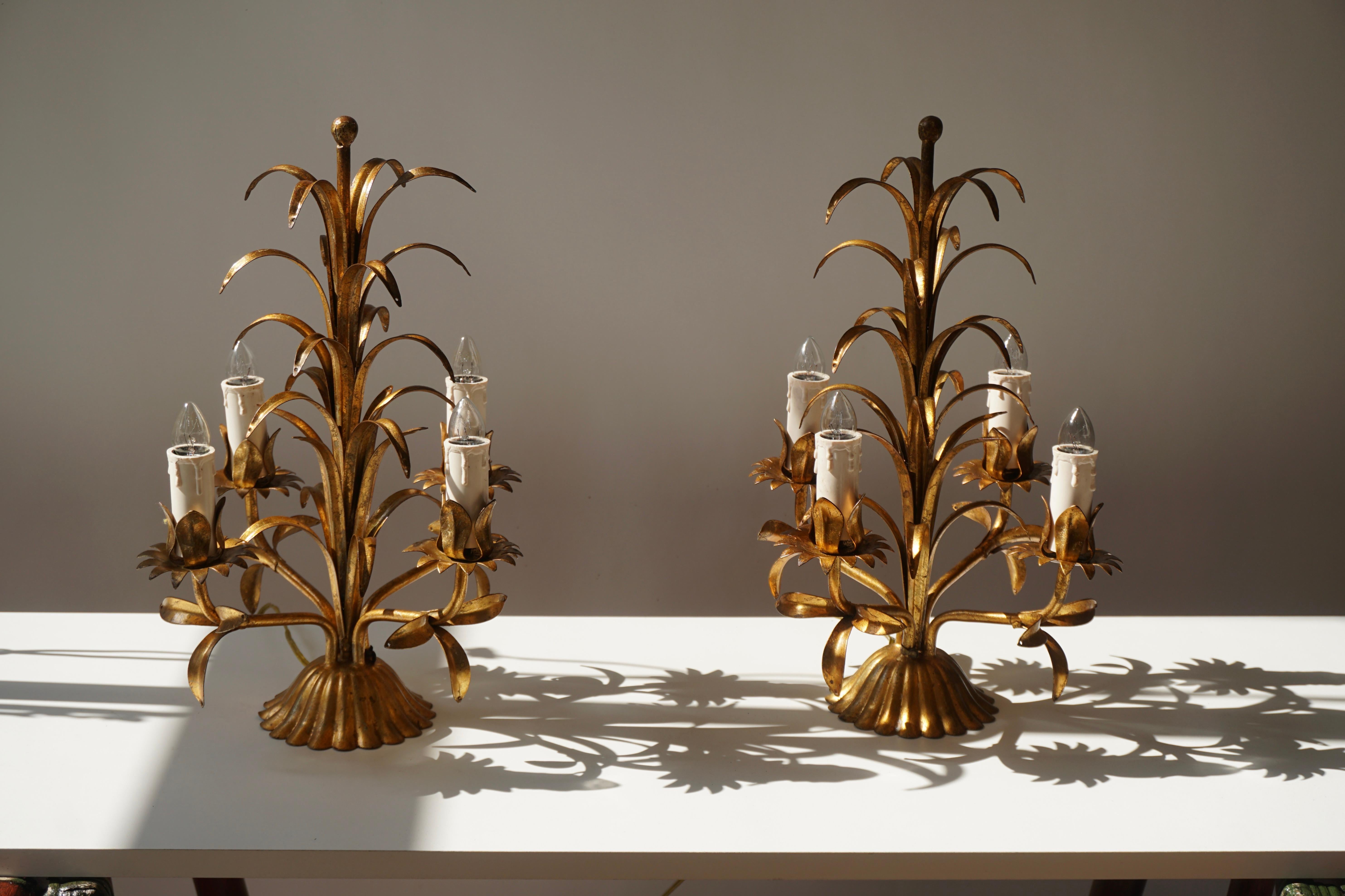 20th Century One of Two Italian Gilt Palm Tree Table Lamp, 1970s For Sale