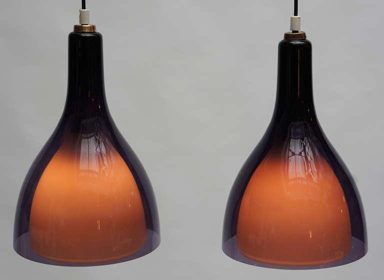 Mid-Century Modern One of Two Italian Murano Glass Pendant Lights in Violet
