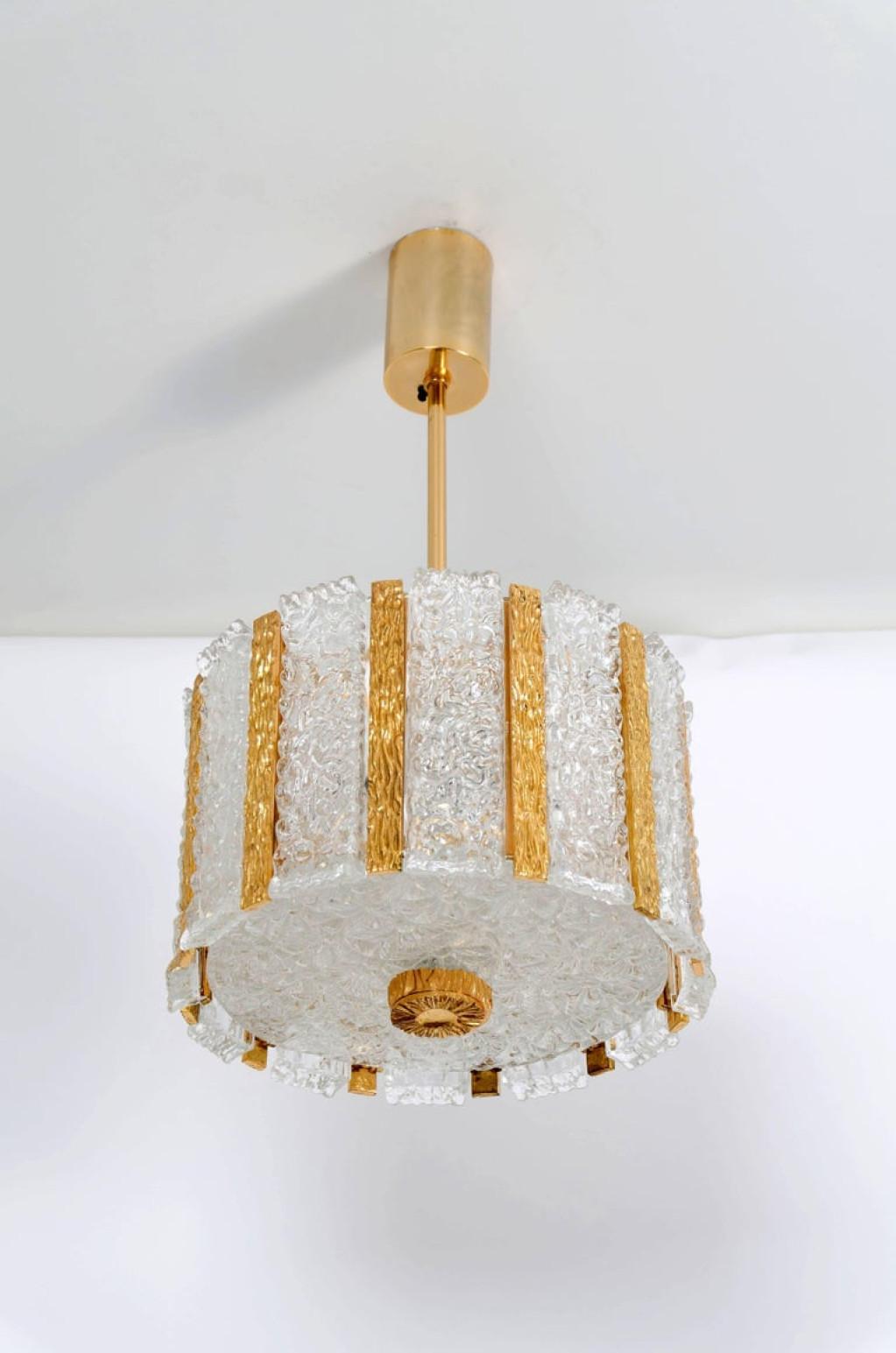 One of Two J.T. Kalmar Drum Flush mount Gold-Plated and Ice Glass, 1960s For Sale 2