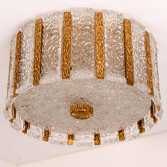 One of Two J.T. Kalmar Drum Flush mount Gold-Plated and Ice Glass, 1960s