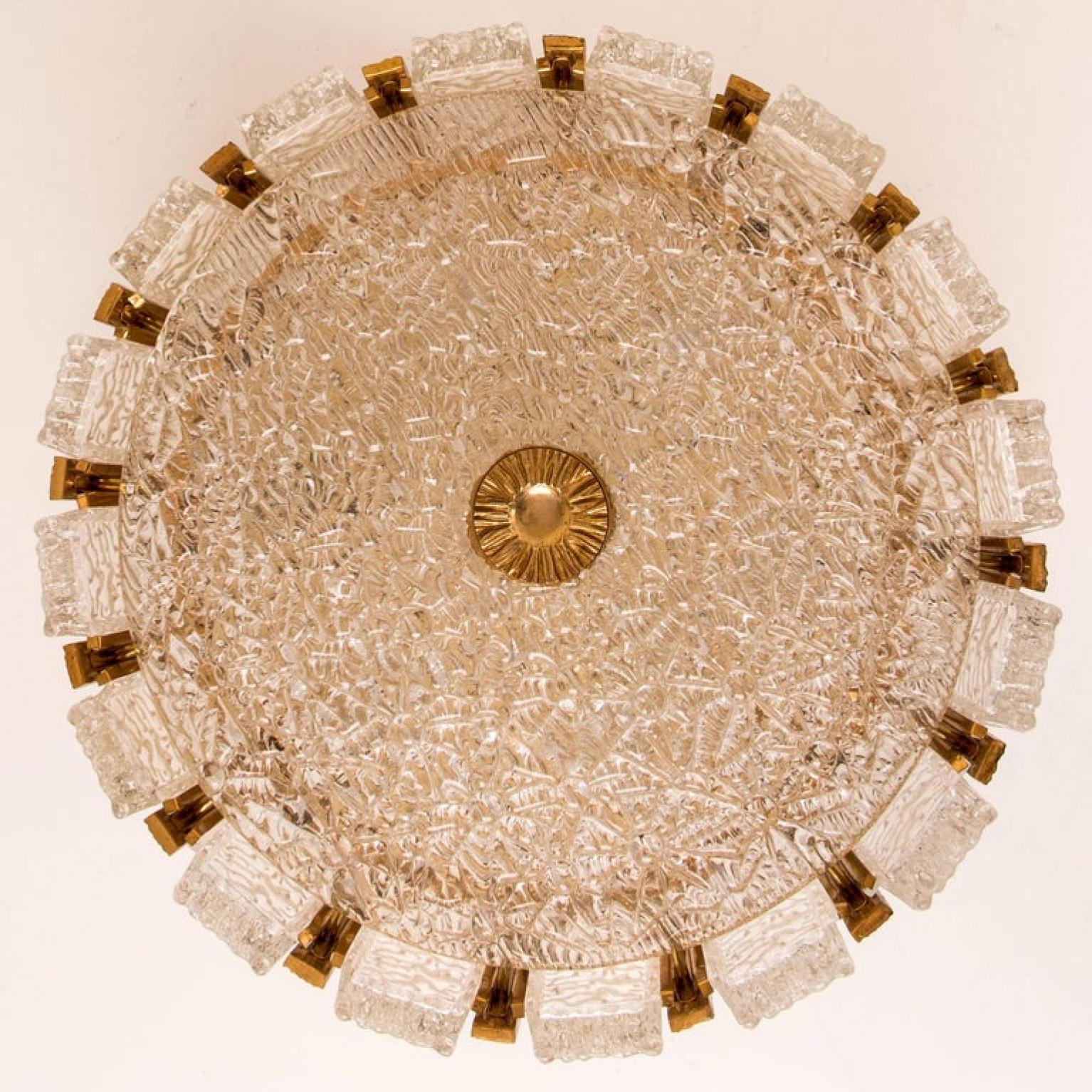Art Glass One of Two J.T. Kalmar Drum Flush mount Gold-Plated and Ice Glass, 1960s For Sale