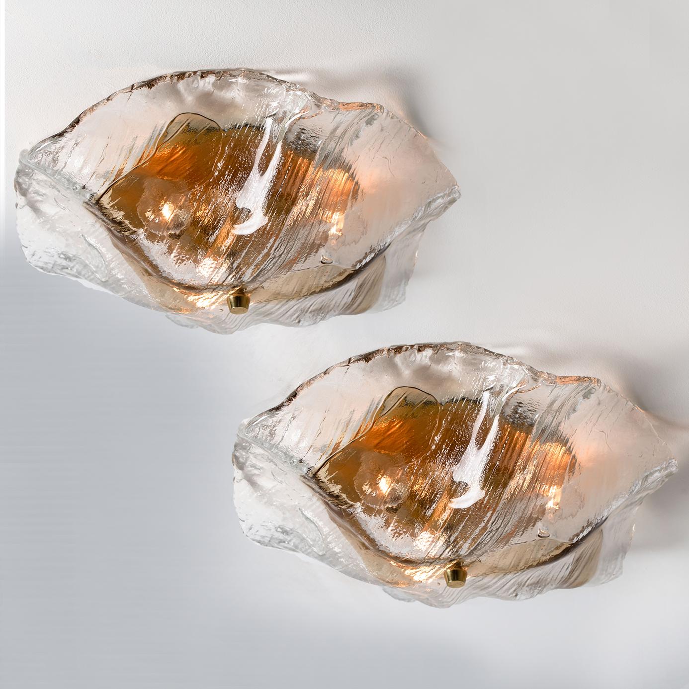 Mid-Century Modern One of Two J.T. Kalmar Franken Brown and Clear Flush Mounts Wall Lights, 1960