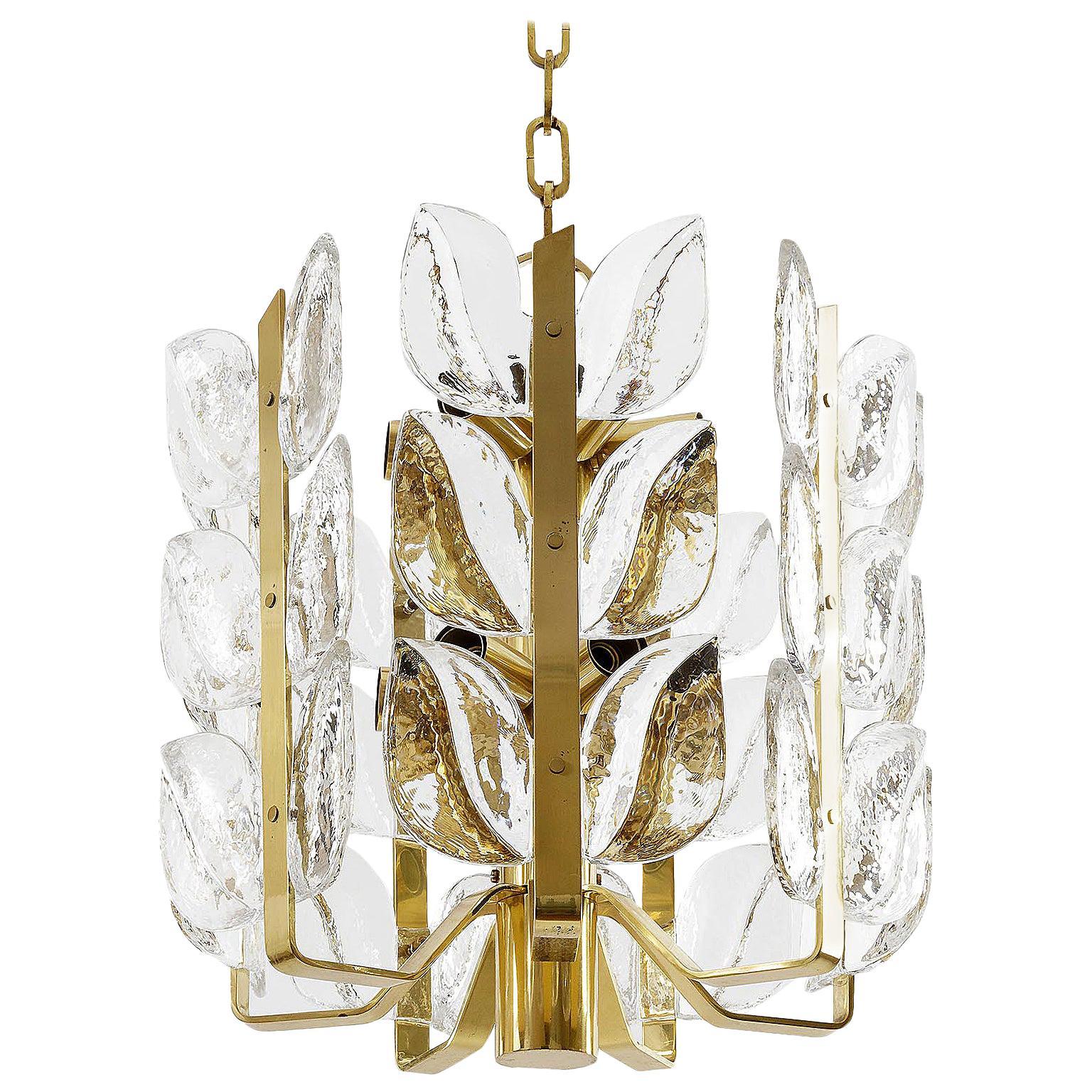 Polished One of Two Kalmar Chandeliers or Pendant Lights 'Florida', Glass and Brass, 1970