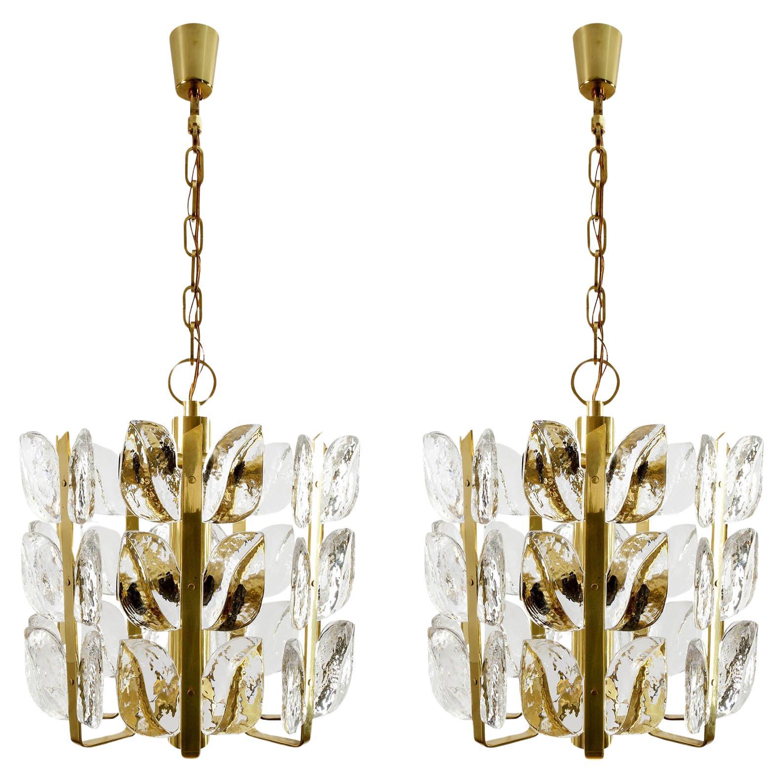 One of Two Kalmar Chandeliers or Pendant Lights 'Florida', Glass and Brass, 1970