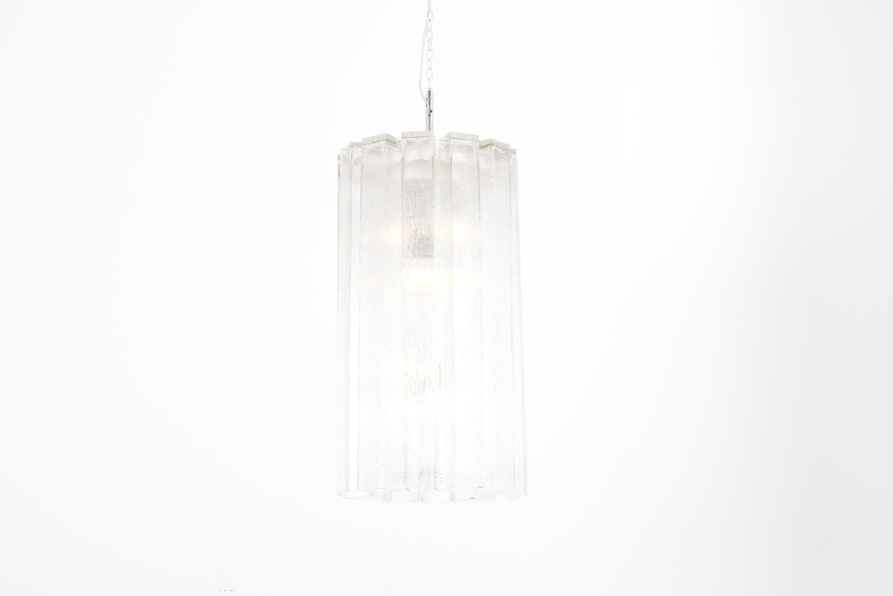 Pendant lamp, manufactured 1970s by Doria in Germany.
Made with icicle finish square glass tubes mounted on chrome and white enameled metal hardware.

8 x E27 sockets.

Please note: Lamp should be fitted professionally in accordance to local