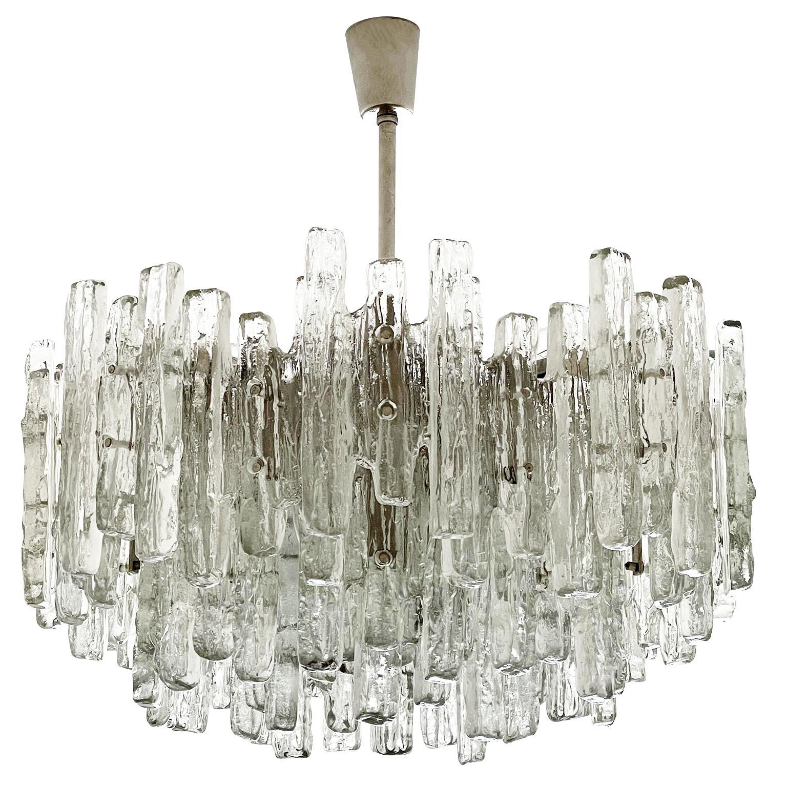 Mid-Century Modern Large Kalmar Chandelier, Ice Glass and Nickel, Austria, 1970s, One of Two For Sale