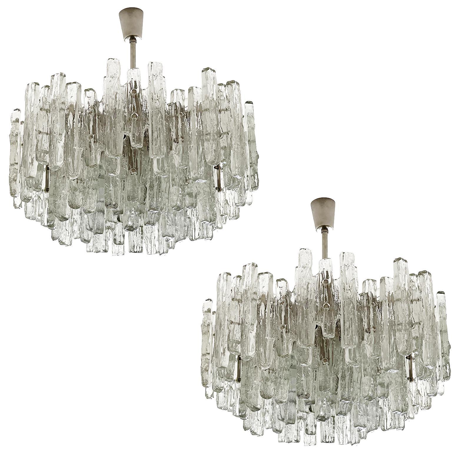 Chrome Large Kalmar Chandelier, Ice Glass and Nickel, Austria, 1970s, One of Two For Sale
