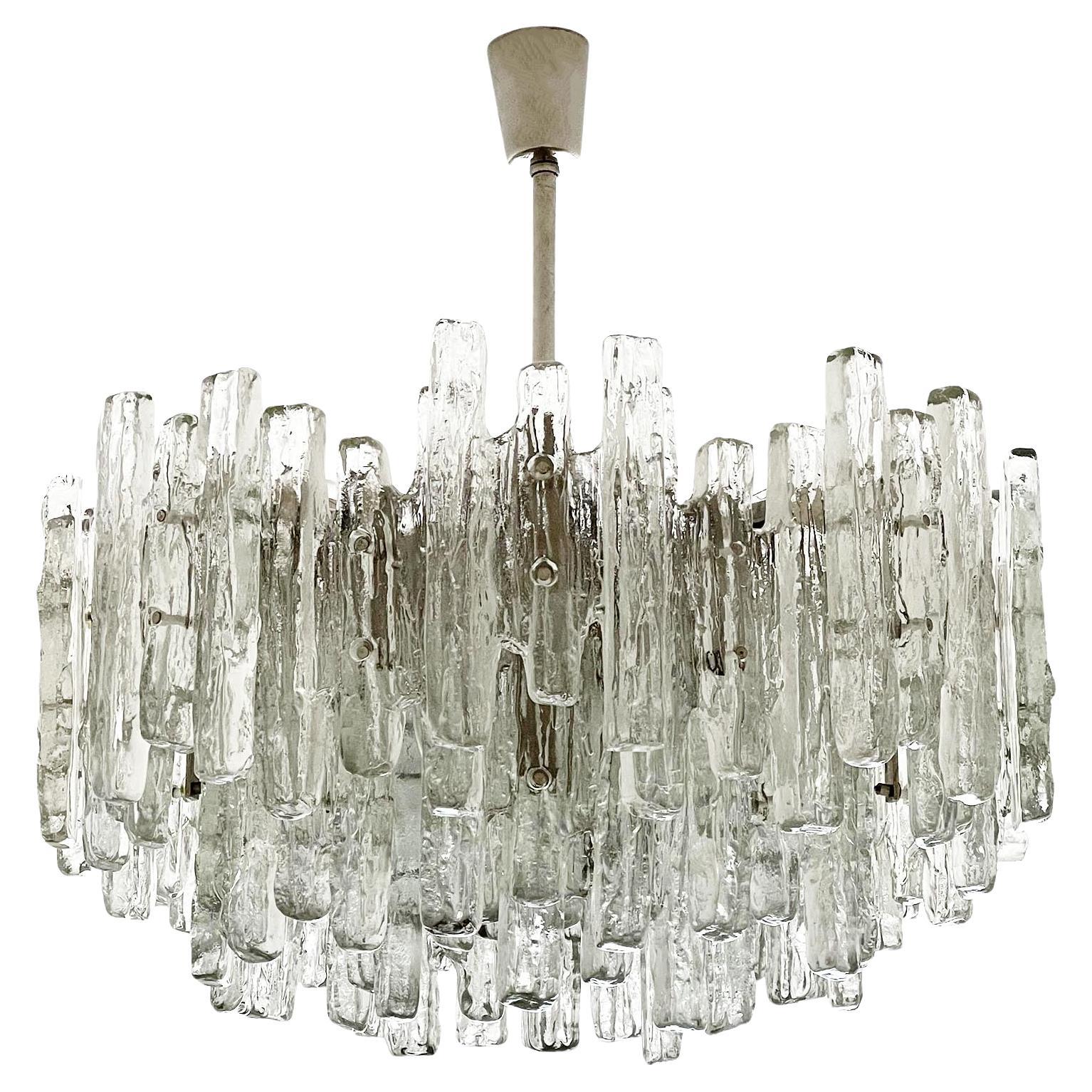 Large Kalmar Chandelier, Ice Glass and Nickel, Austria, 1970s, One of Two For Sale