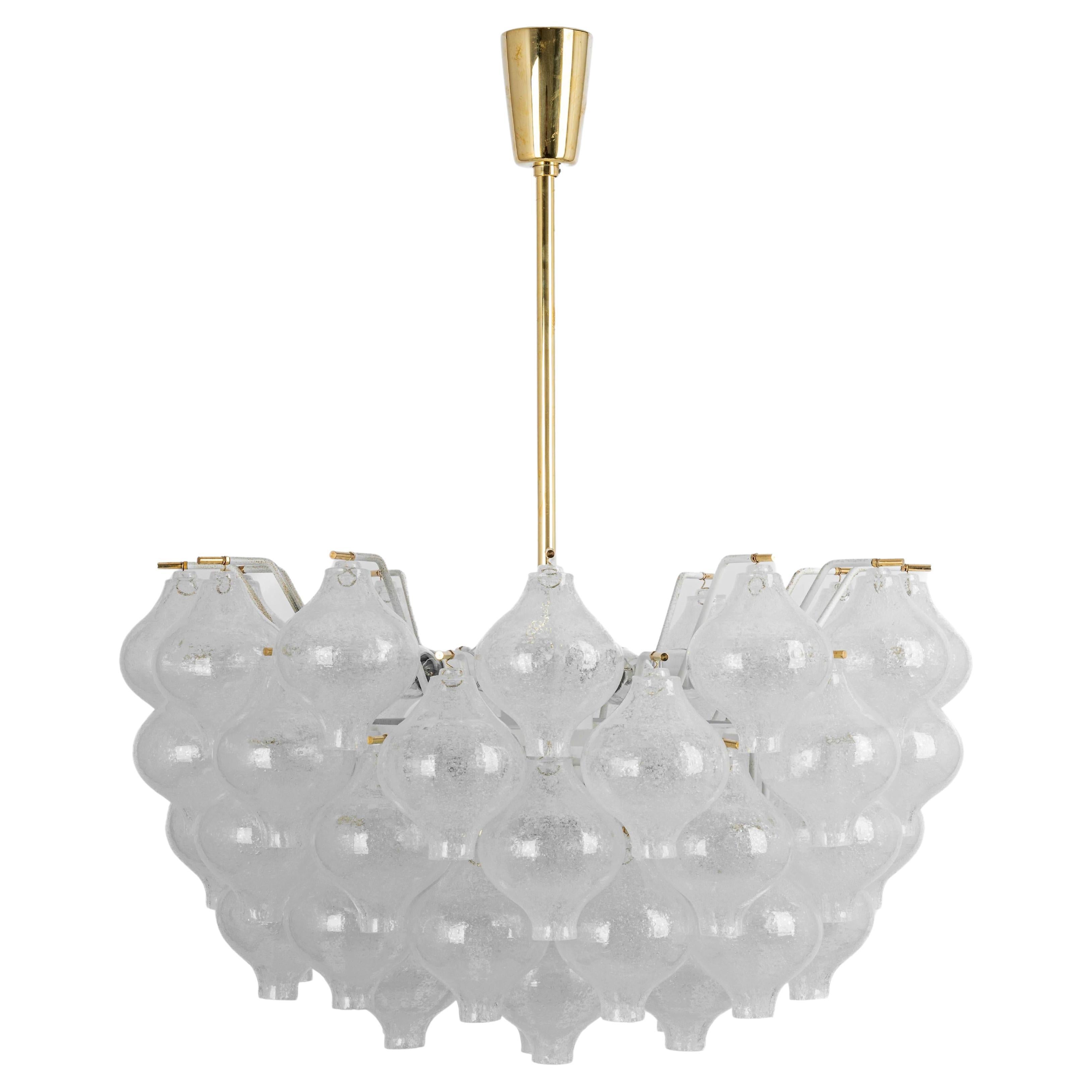 Mid-Century Modern One of Two Large Kalmar 'Tulipan' Chandeliers Pendant Lights, Glass Brass, 1970 For Sale