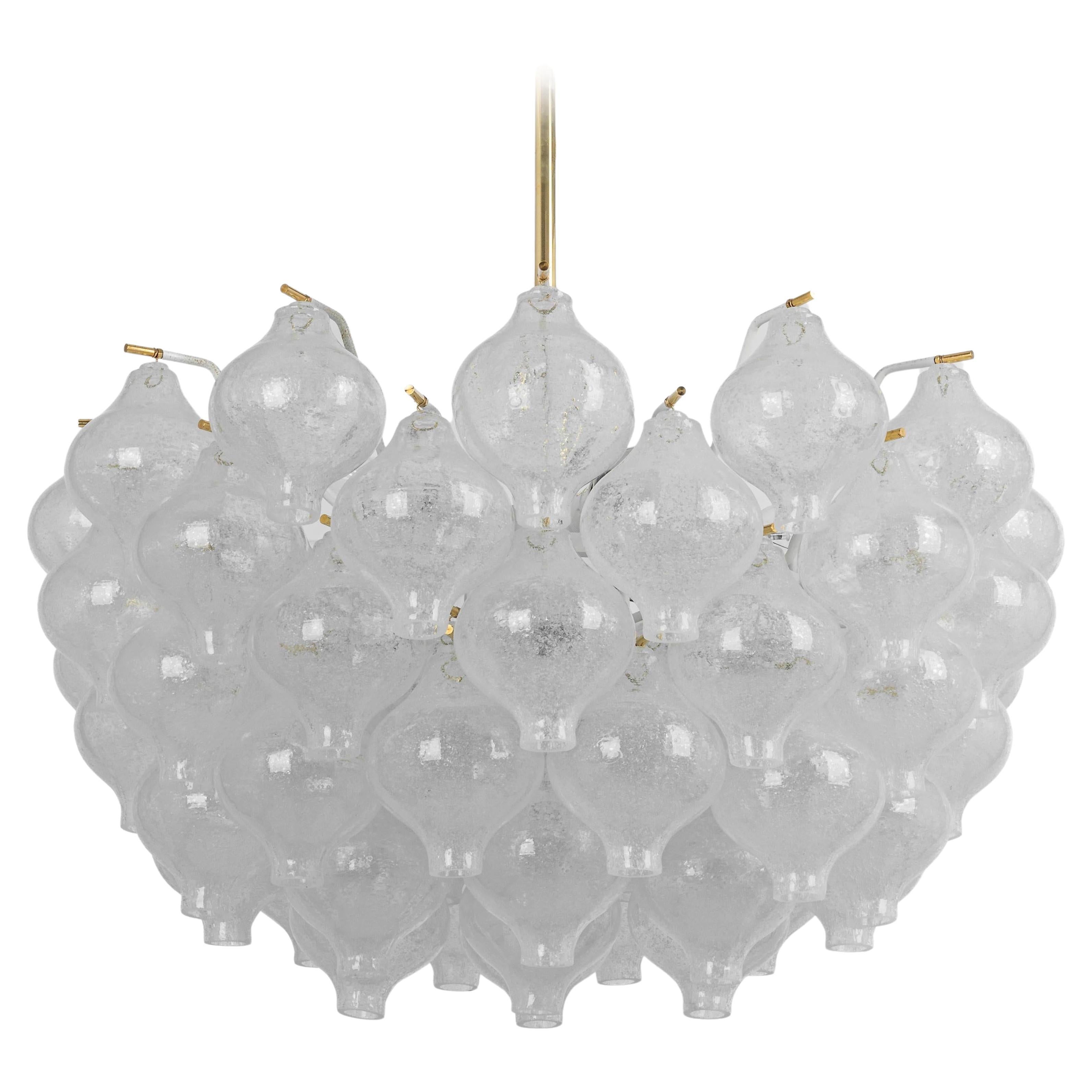 Lacquered One of Two Large Kalmar 'Tulipan' Chandeliers Pendant Lights, Glass Brass, 1970 For Sale