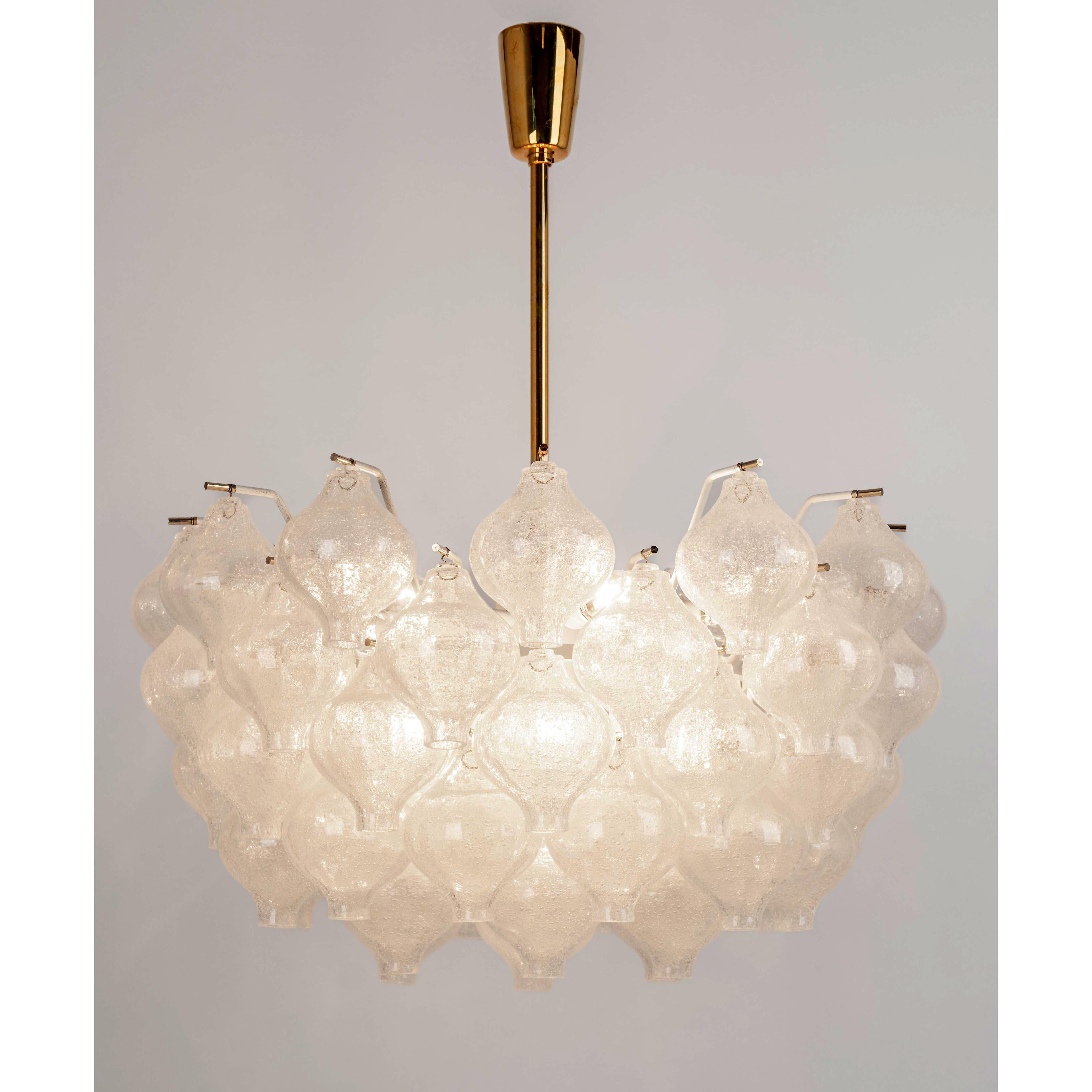 Late 20th Century One of Two Large Kalmar 'Tulipan' Chandeliers Pendant Lights, Glass Brass, 1970 For Sale