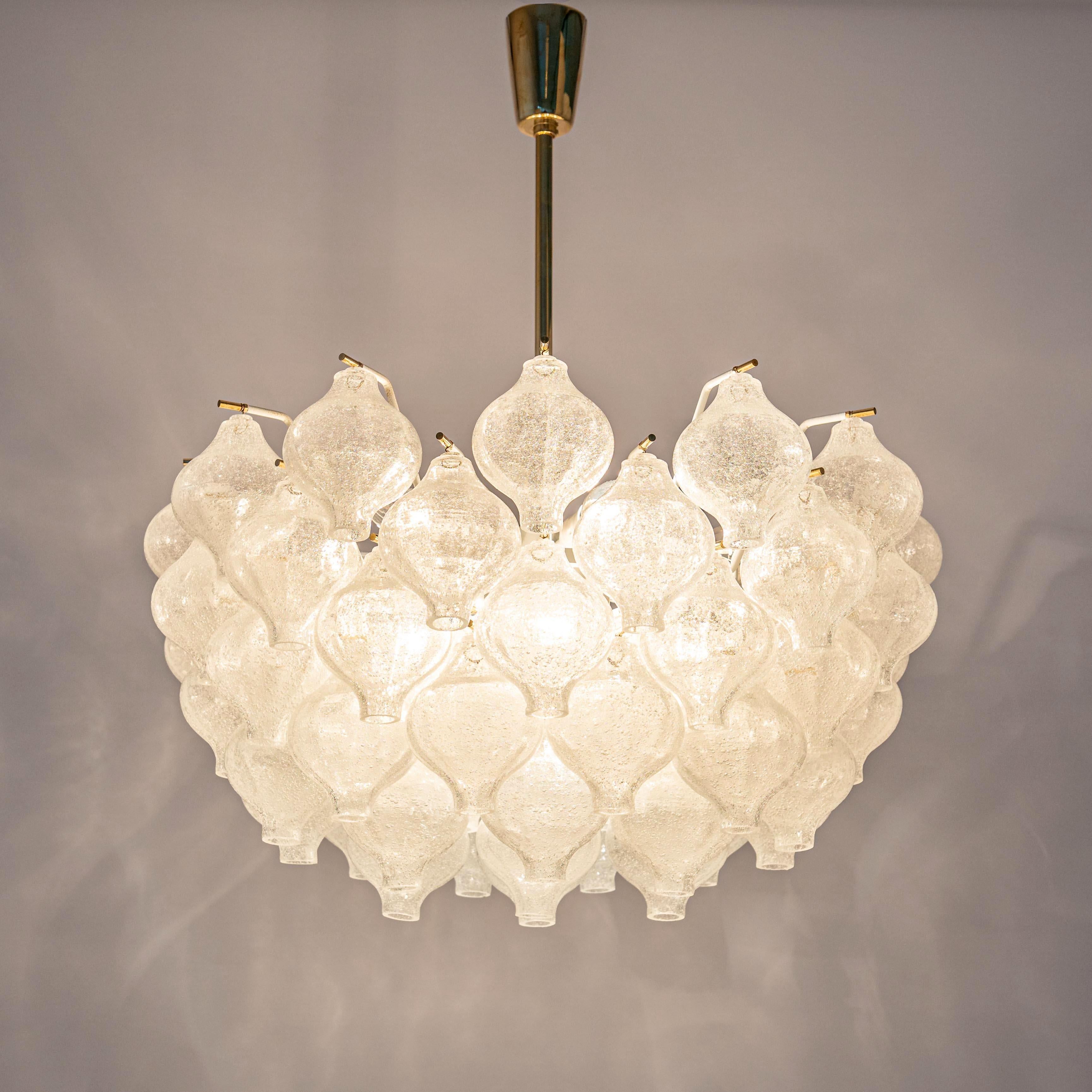 Metal One of Two Large Kalmar 'Tulipan' Chandeliers Pendant Lights, Glass Brass, 1970 For Sale