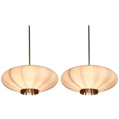 One of Two Large Opaline Glass and Brass Pendants, Sweden, 1940s