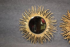 One of Two Large Solid Polished Bronze Starburst Beveled Glass Wall Mirrors