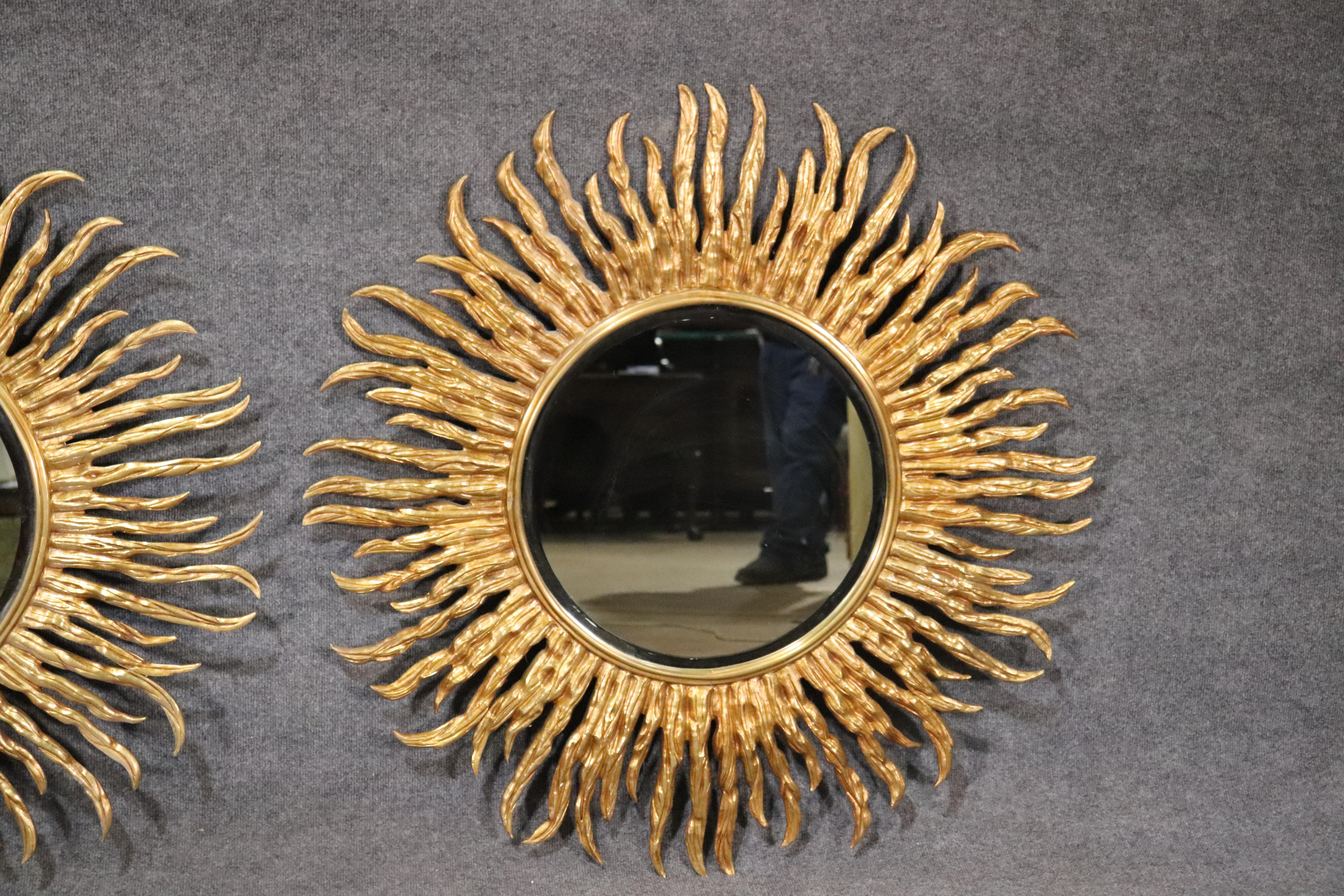 Mid-Century Modern One of Two Large Solid Polished Bronze Starburst Beveled Glass Wall Mirrors
