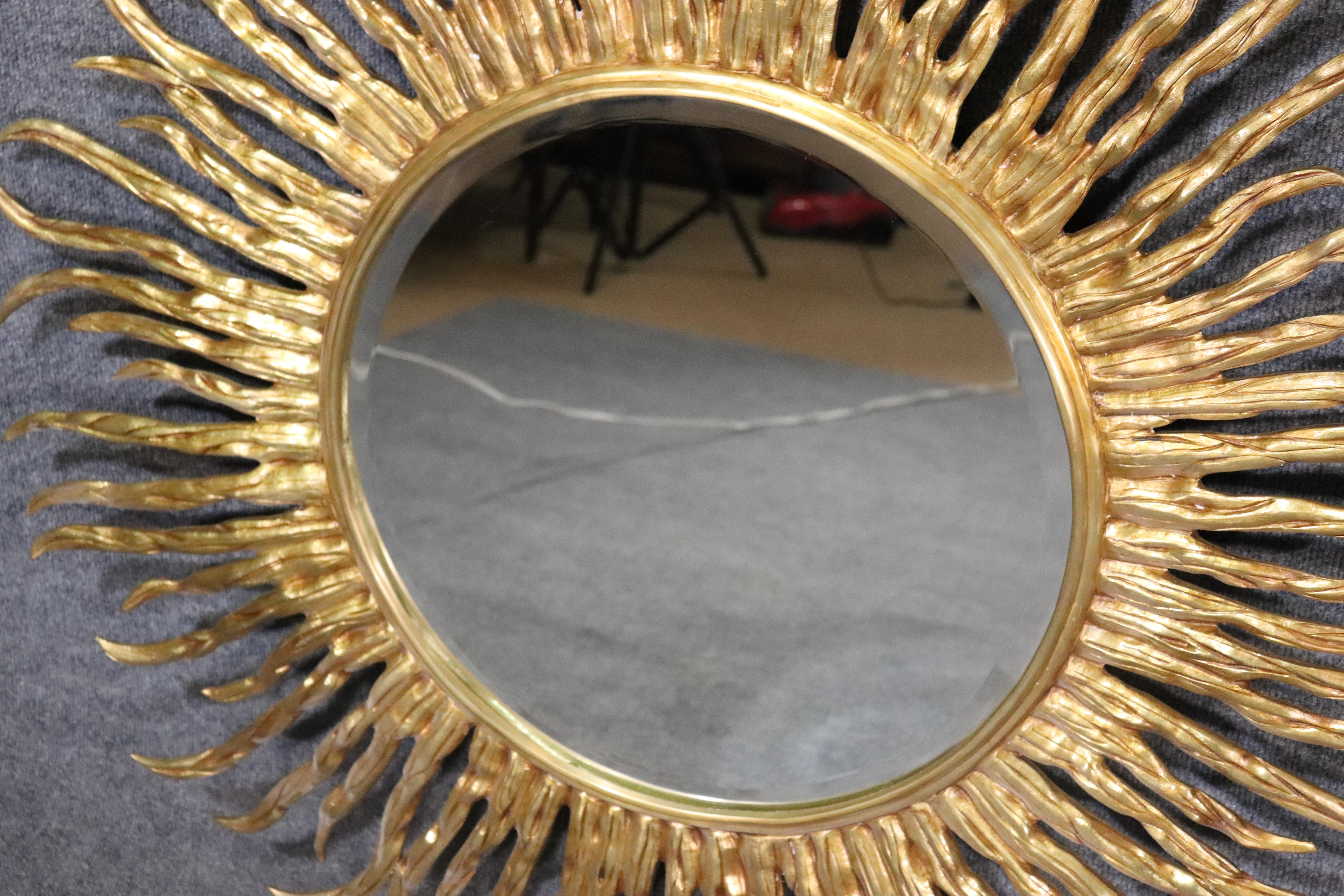 Italian One of Two Large Solid Polished Bronze Starburst Beveled Glass Wall Mirrors