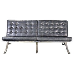 One of Two Leather Upholstered Barcelona Style Chromed Metal Settee 