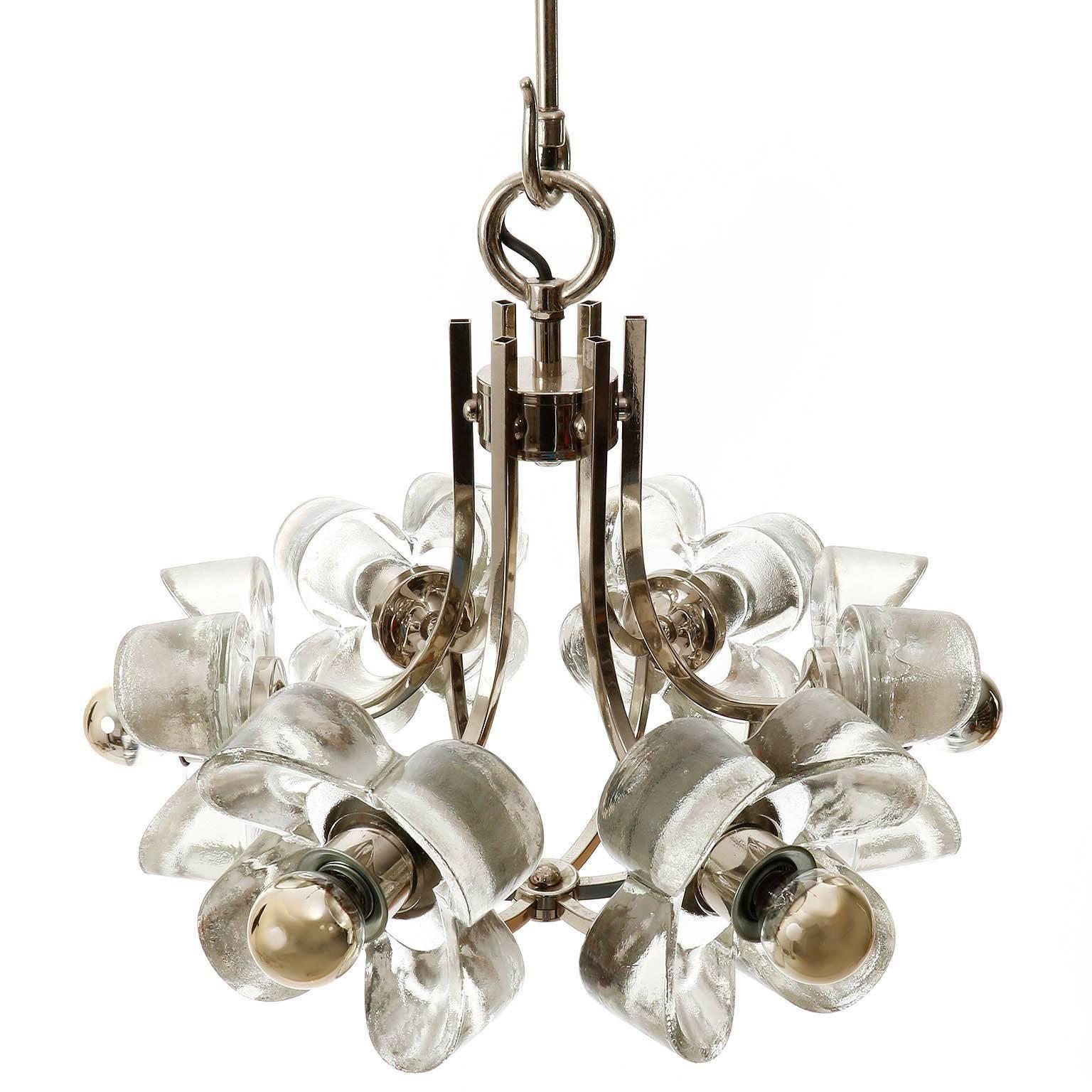 Mid-Century Modern One of Two Mazzega Ice Glass Chrome Flower Chandeliers Pendant Lights Italy 1970