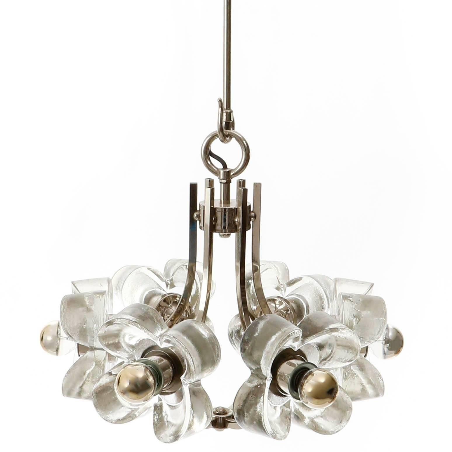 Italian One of Two Mazzega Ice Glass Chrome Flower Chandeliers Pendant Lights Italy 1970