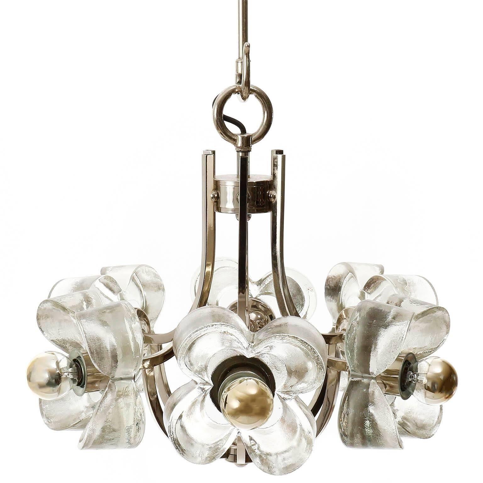 Frosted One of Two Mazzega Ice Glass Chrome Flower Chandeliers Pendant Lights Italy 1970
