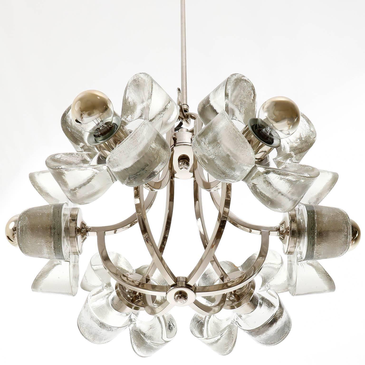 One of Two Mazzega Ice Glass Chrome Flower Chandeliers Pendant Lights Italy 1970 In Excellent Condition In Hausmannstätten, AT